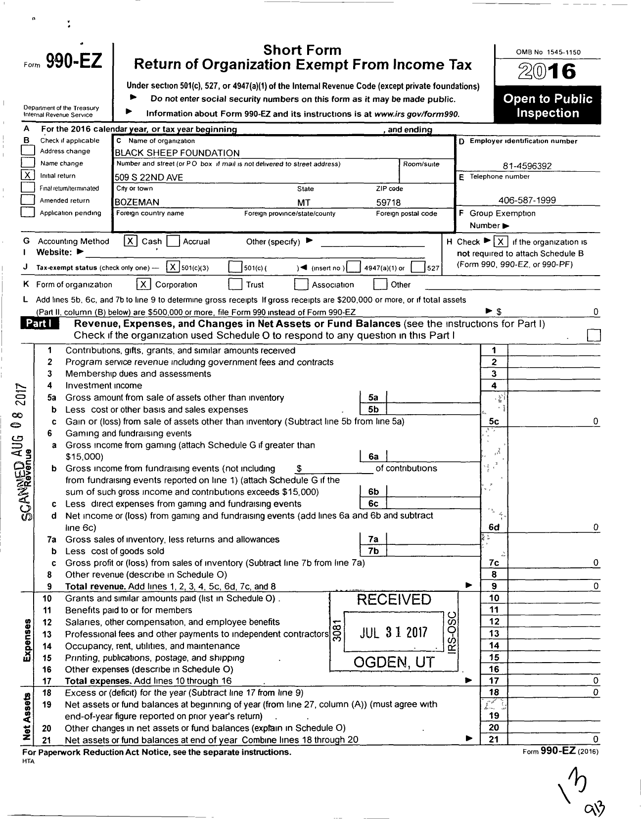 Image of first page of 2016 Form 990EZ for Black Sheep Foundation