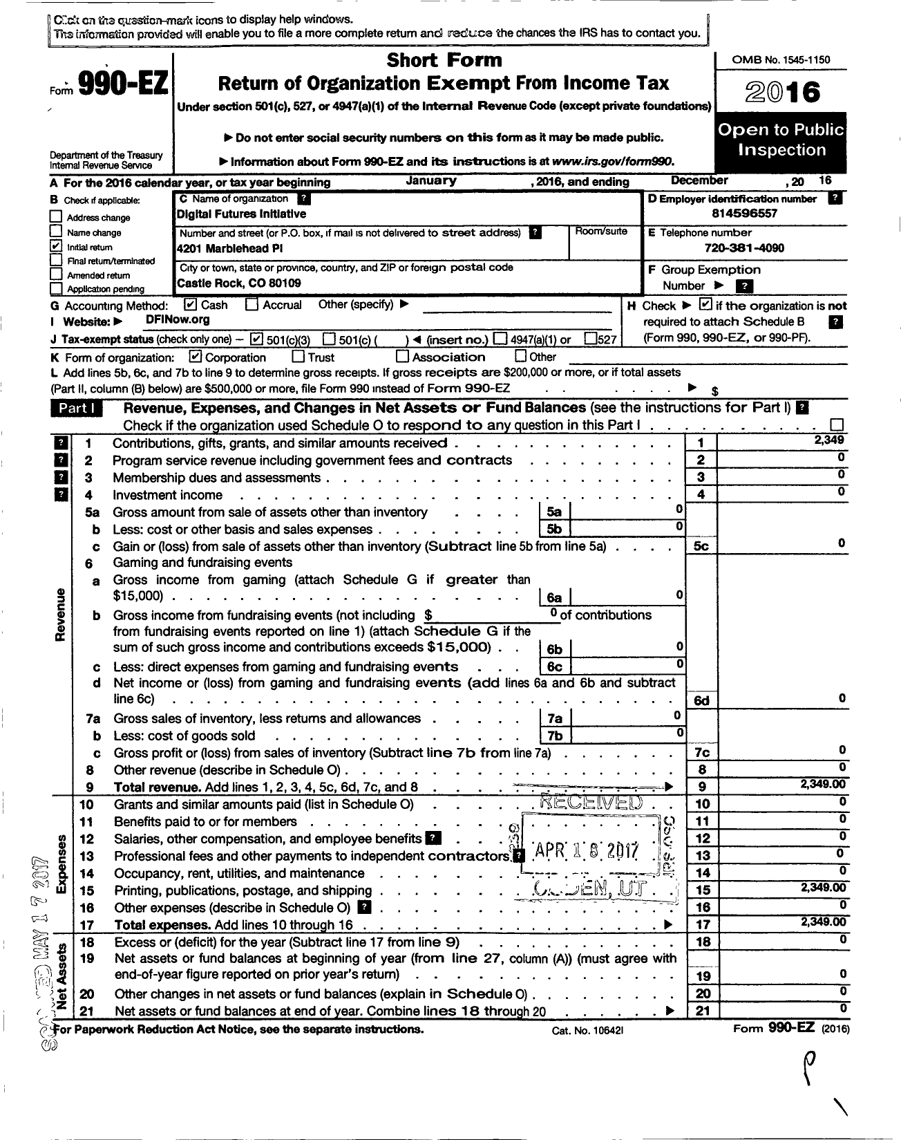 Image of first page of 2016 Form 990EZ for Digital Futures Initiative