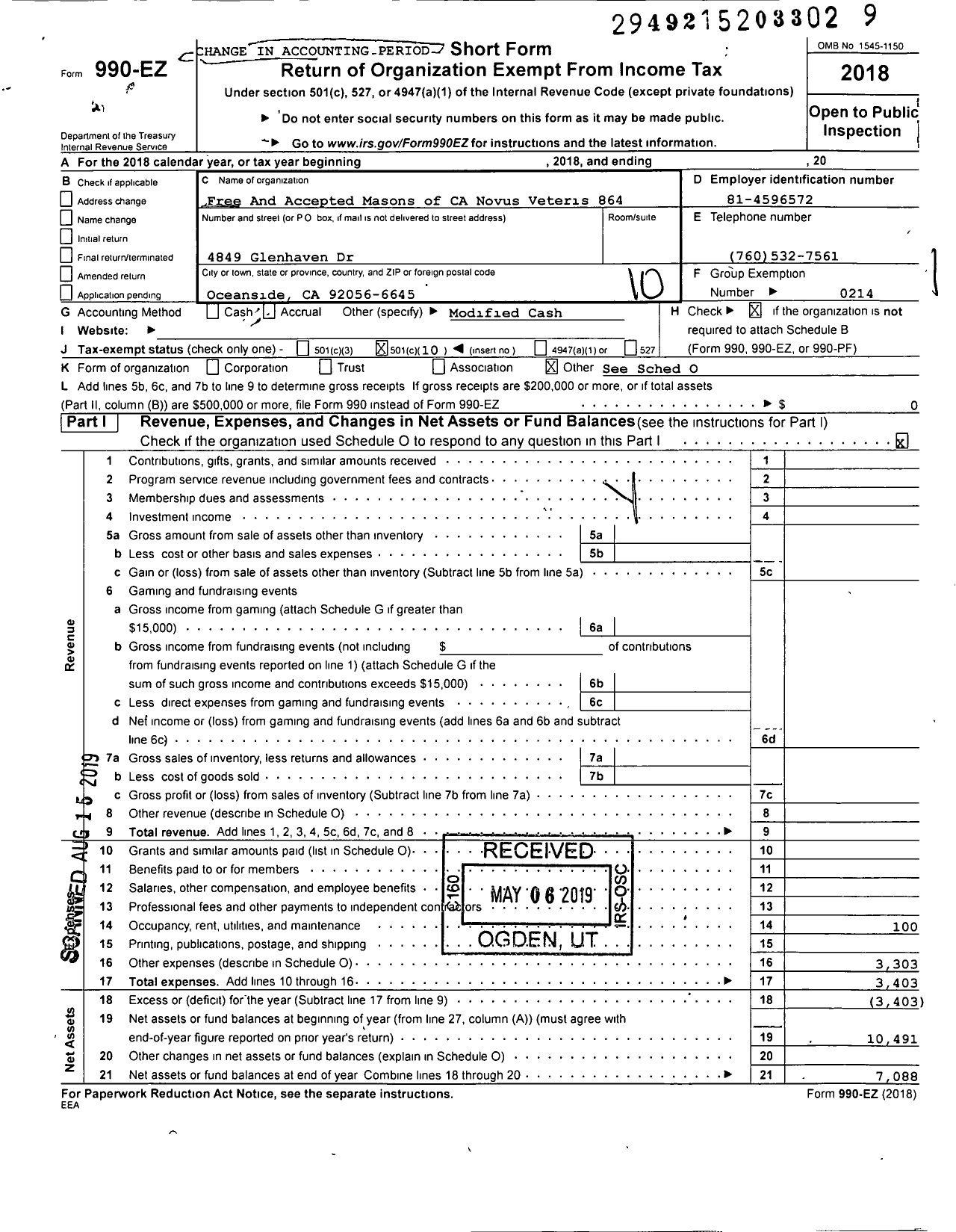 Image of first page of 2018 Form 990EO for Masons of California - 864 Novus Veteris