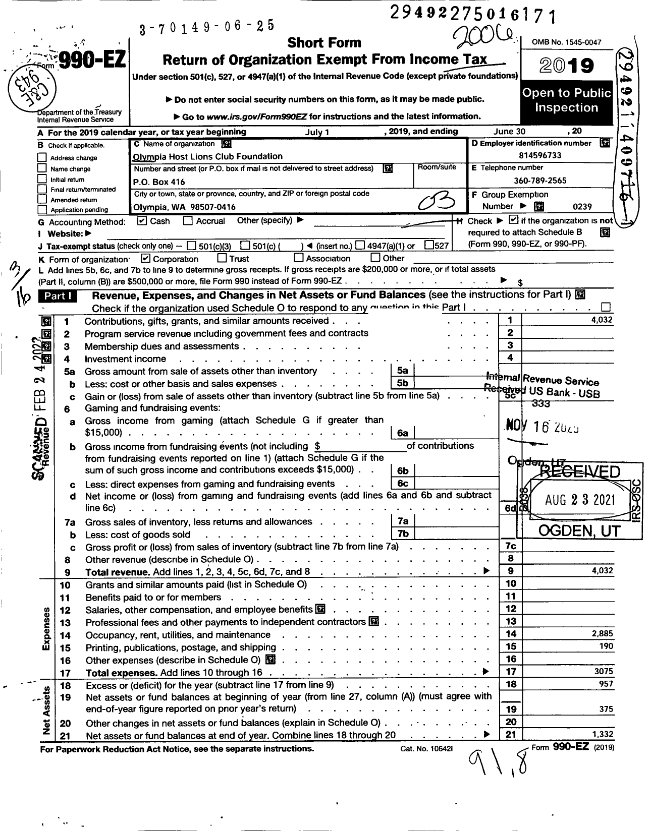 Image of first page of 2019 Form 990EZ for Olympia Host Lions Club Foundation