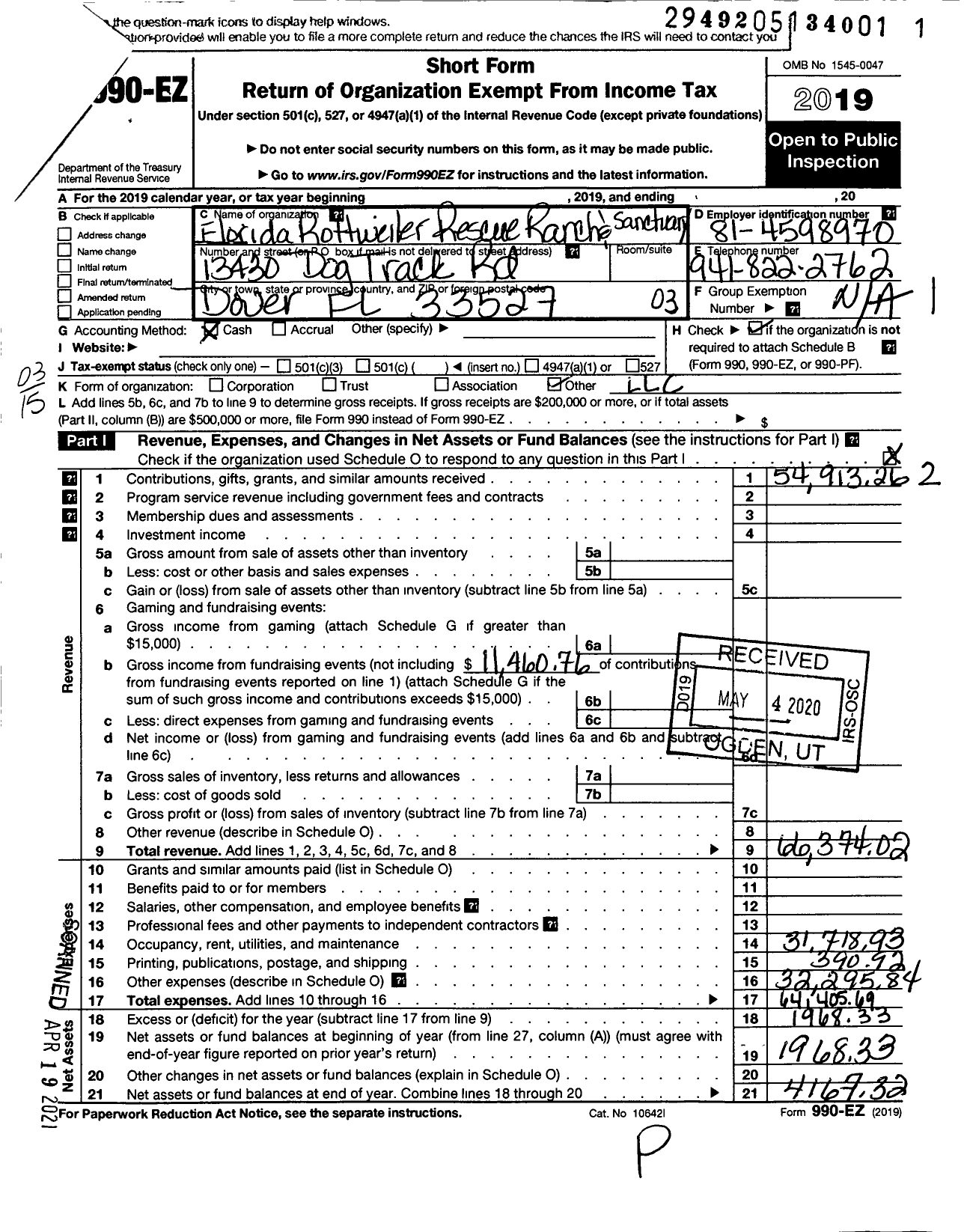 Image of first page of 2019 Form 990EZ for Florida Rottleiler Rescure Ranch