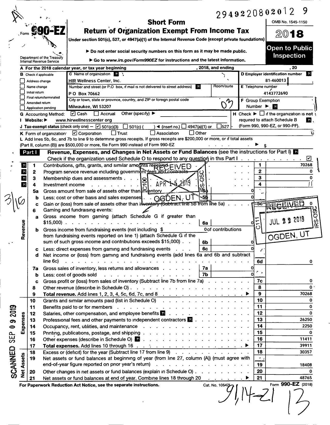 Image of first page of 2018 Form 990EZ for HIR Wellness Institute
