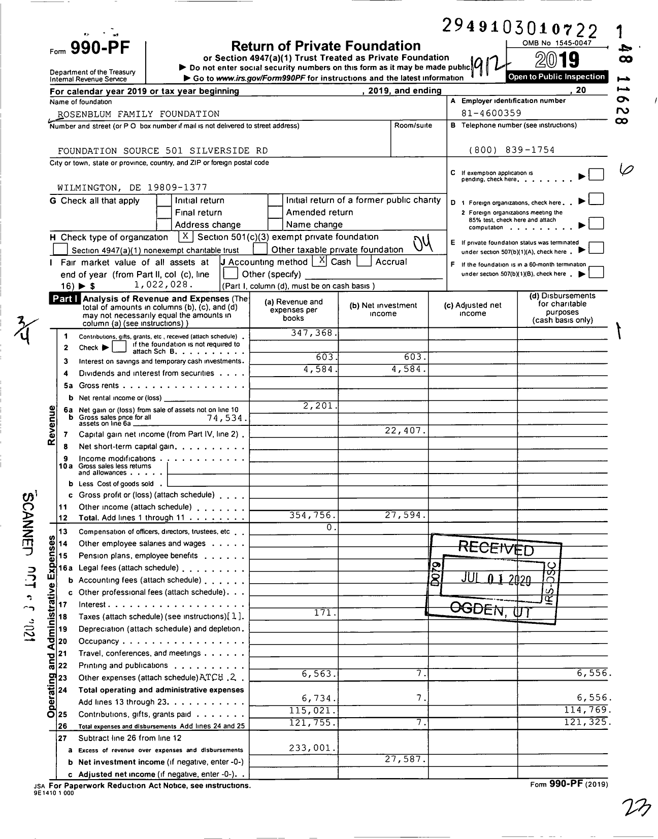 Image of first page of 2019 Form 990PF for Rosenblum Family Foundation