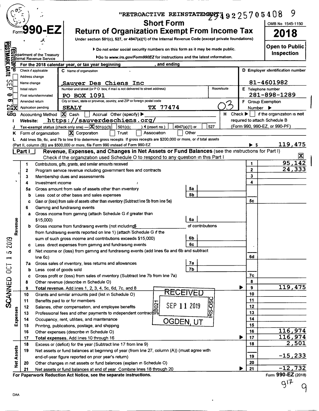 Image of first page of 2018 Form 990EZ for Sauver Des Chiens Inc Sauver Des Chiens