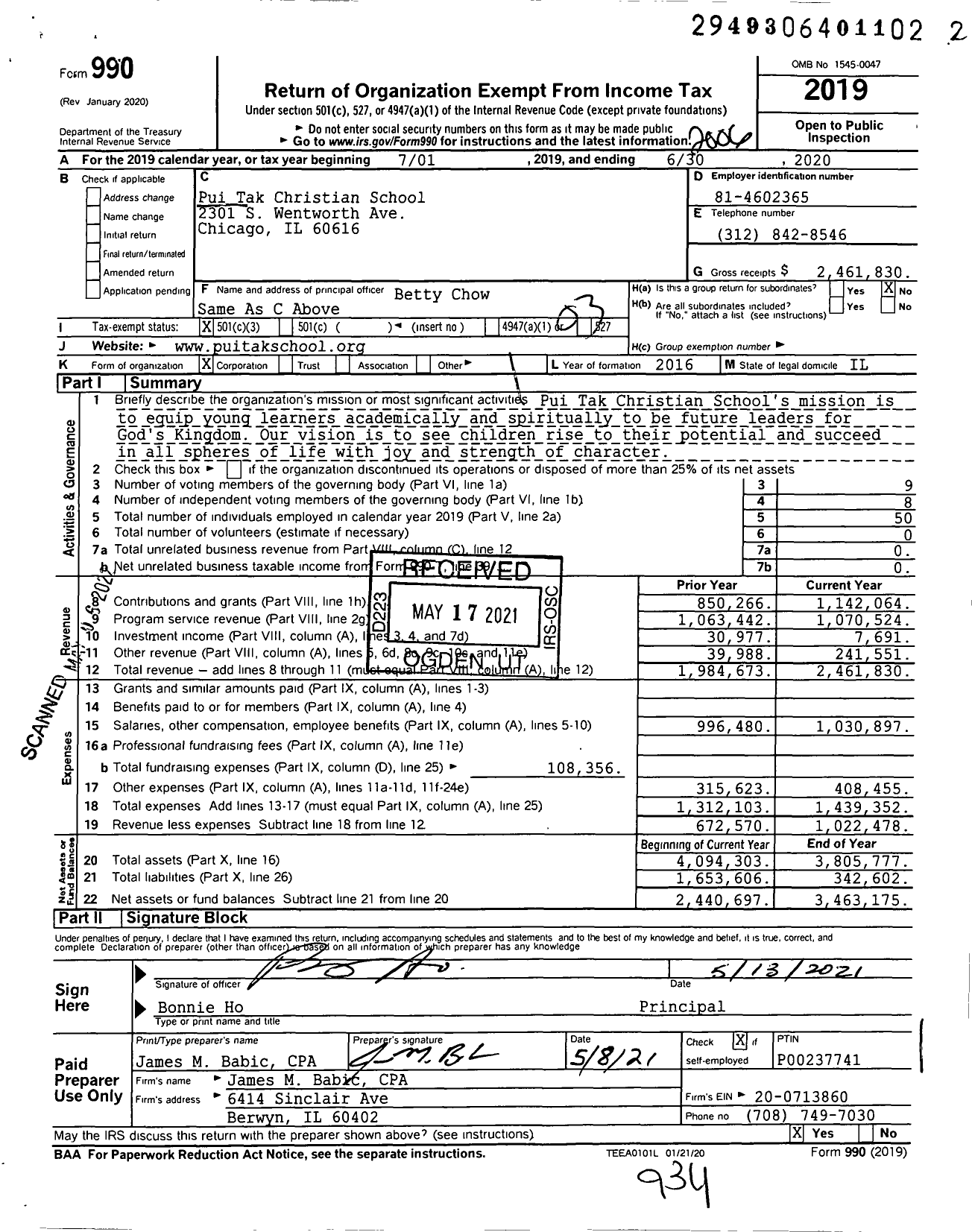 Image of first page of 2019 Form 990 for Pui Tak Christian School