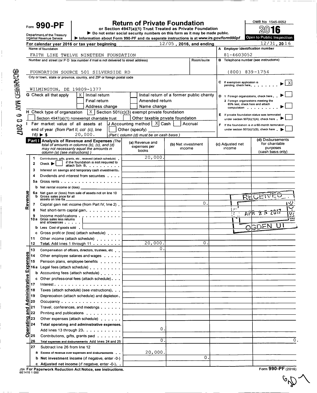 Image of first page of 2016 Form 990PF for Faith Like Twelve Nineteen Foundation