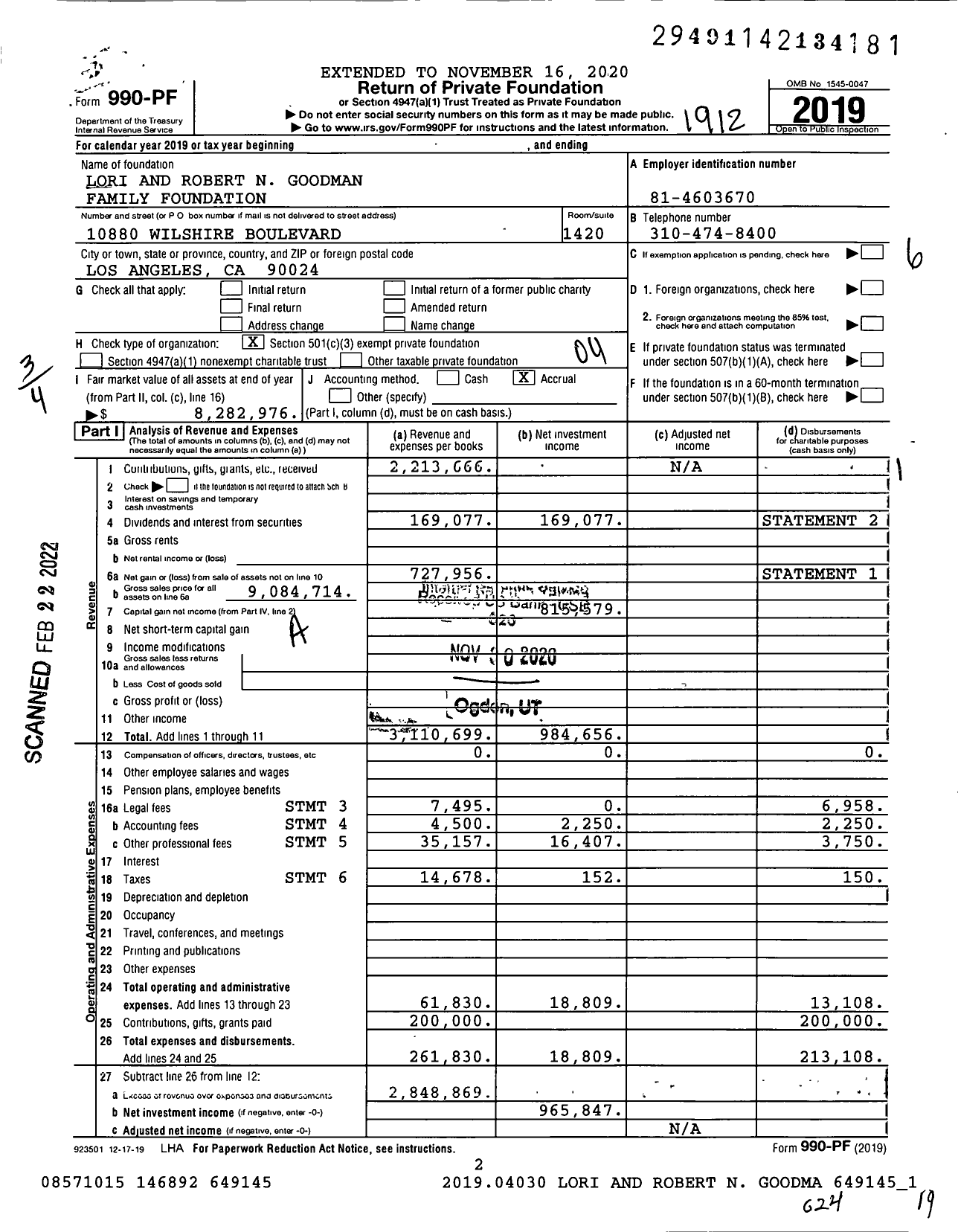 Image of first page of 2019 Form 990PF for Lori and Robert Goodman Family Foundation