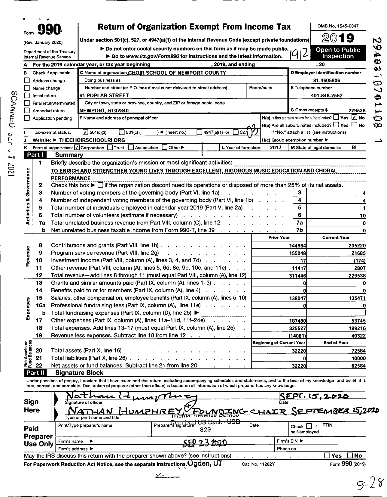 Image of first page of 2019 Form 990 for Choir School of Newport County