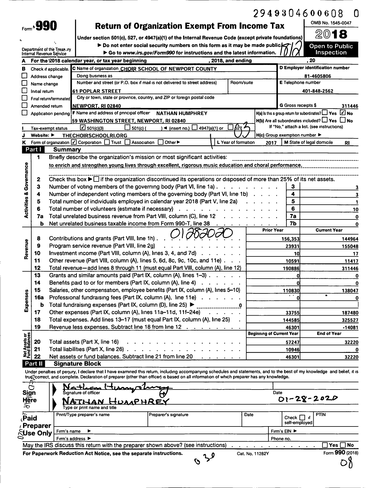 Image of first page of 2018 Form 990 for Choir School of Newport County