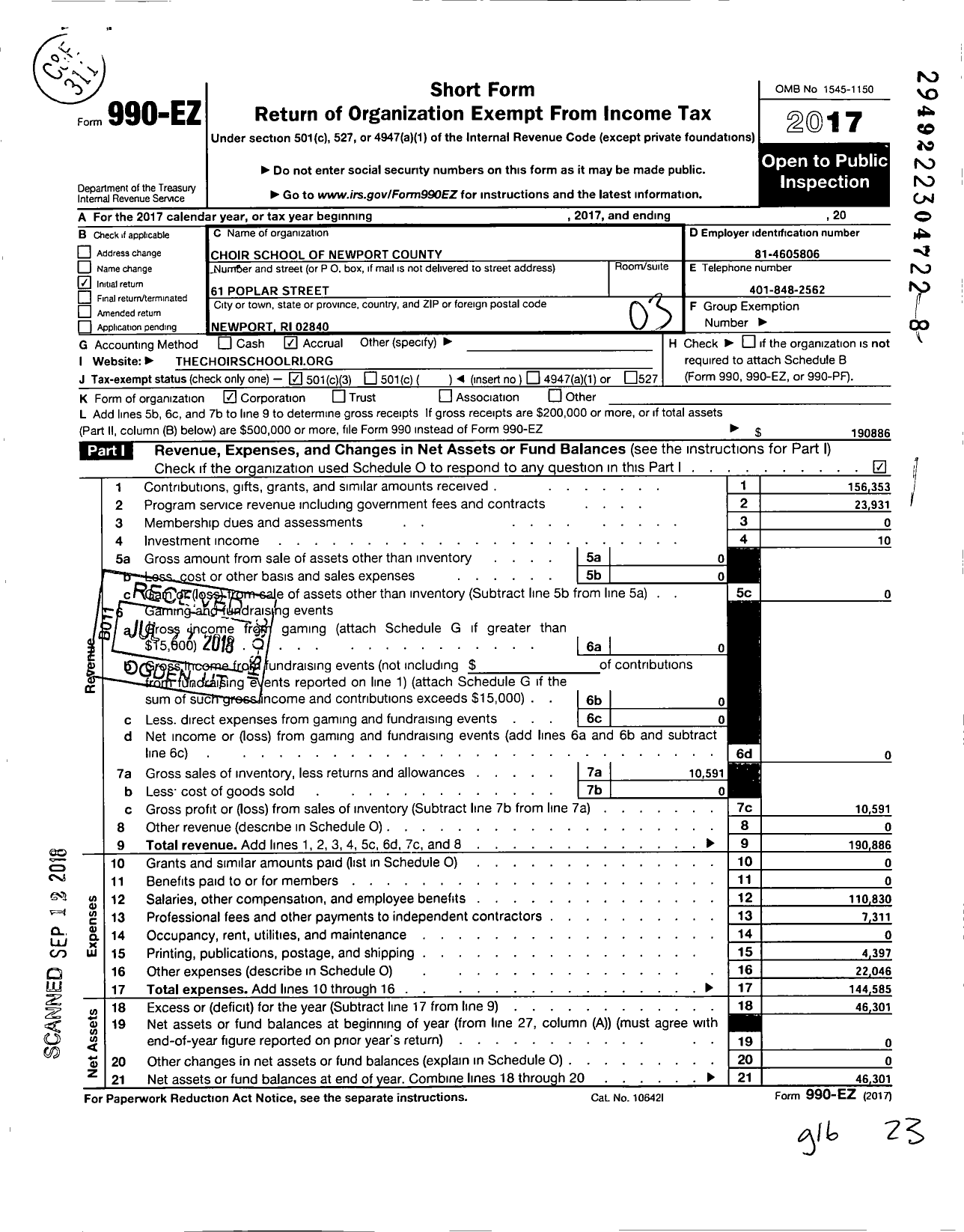 Image of first page of 2017 Form 990EZ for Choir School of Newport County