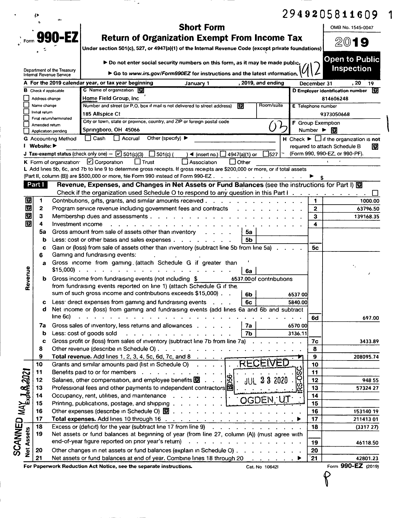 Image of first page of 2019 Form 990EZ for Home Field Group