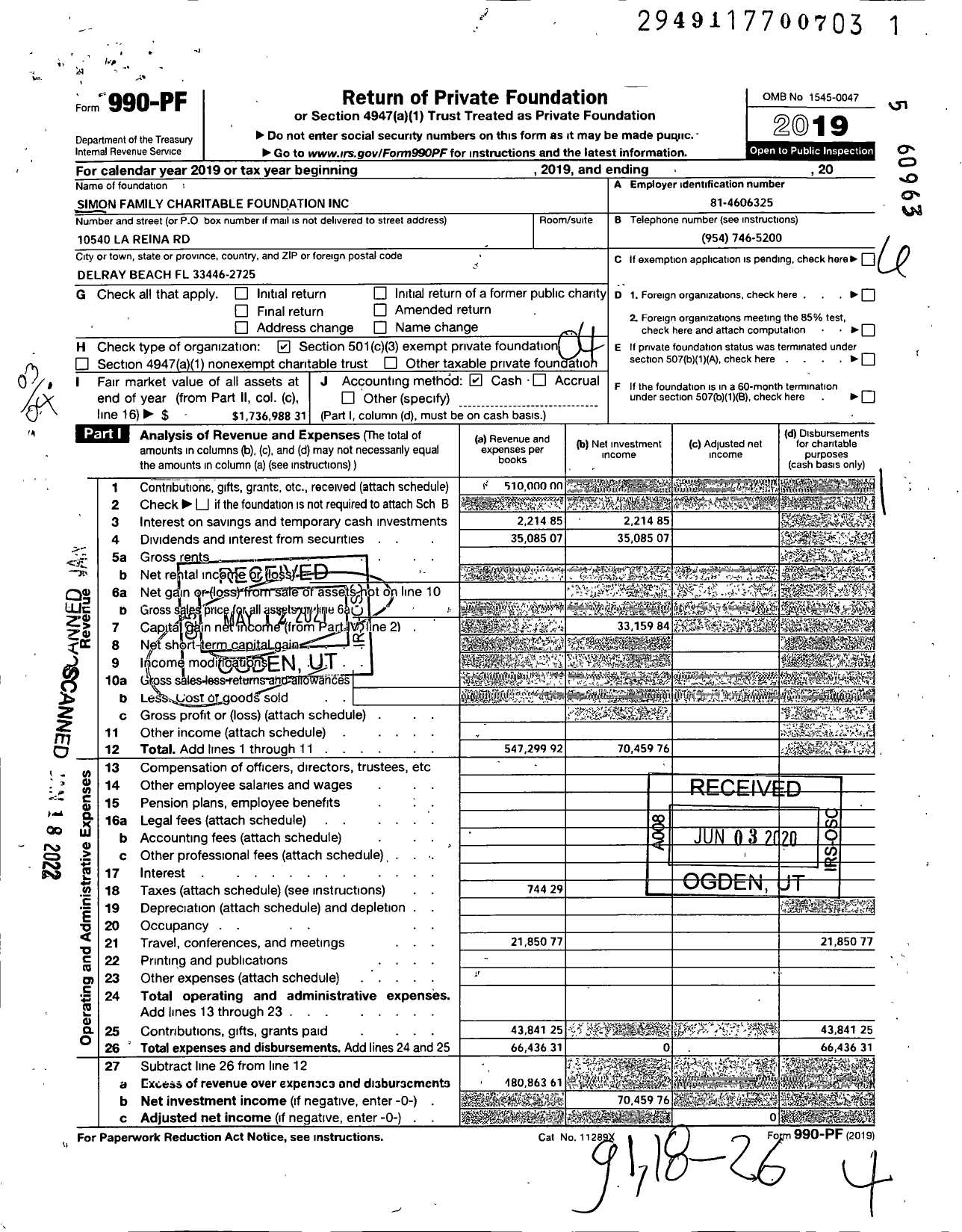 Image of first page of 2019 Form 990PF for Simon Family Charitable Foundation