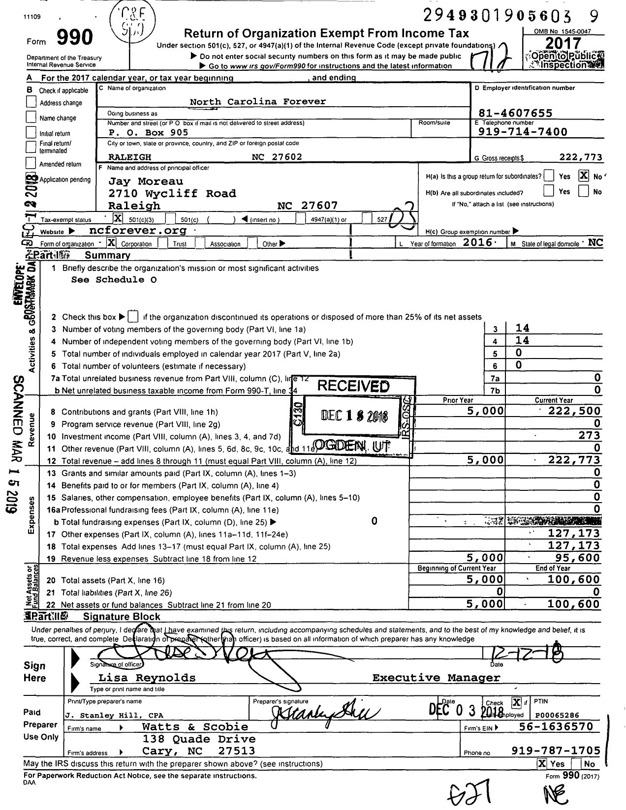 Image of first page of 2017 Form 990 for North Carolina Forever