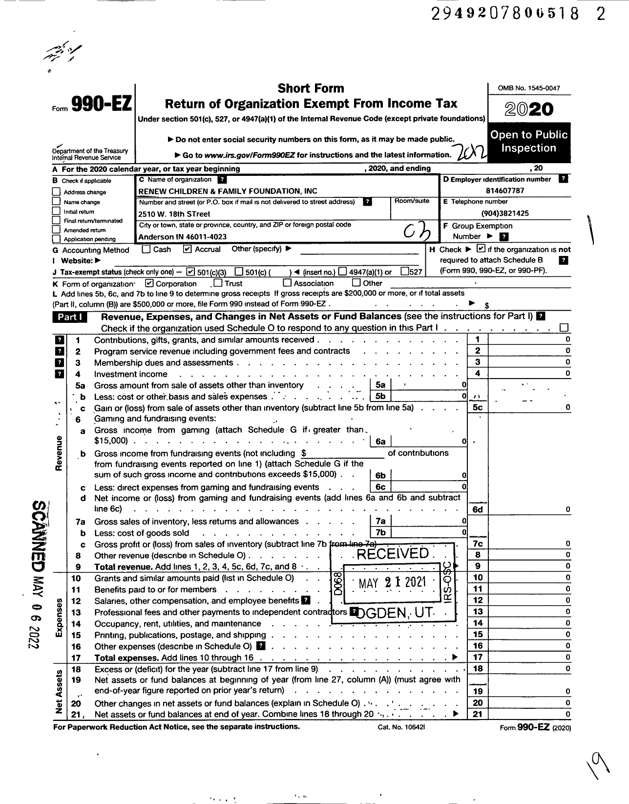 Image of first page of 2020 Form 990EZ for Renew Children and Family Foundation