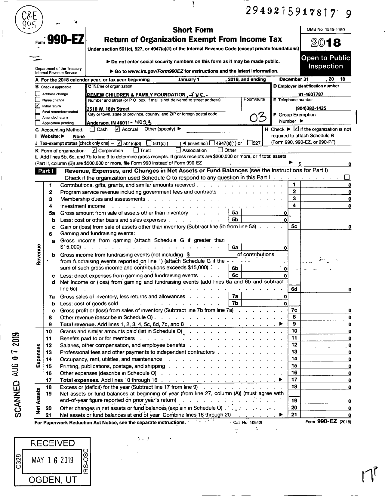 Image of first page of 2018 Form 990EZ for Renew Children and Family Foundation