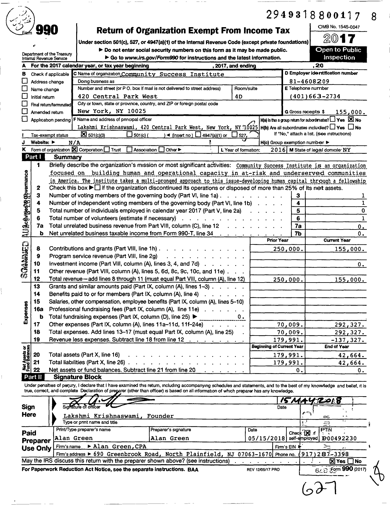 Image of first page of 2017 Form 990 for Community Success Institute