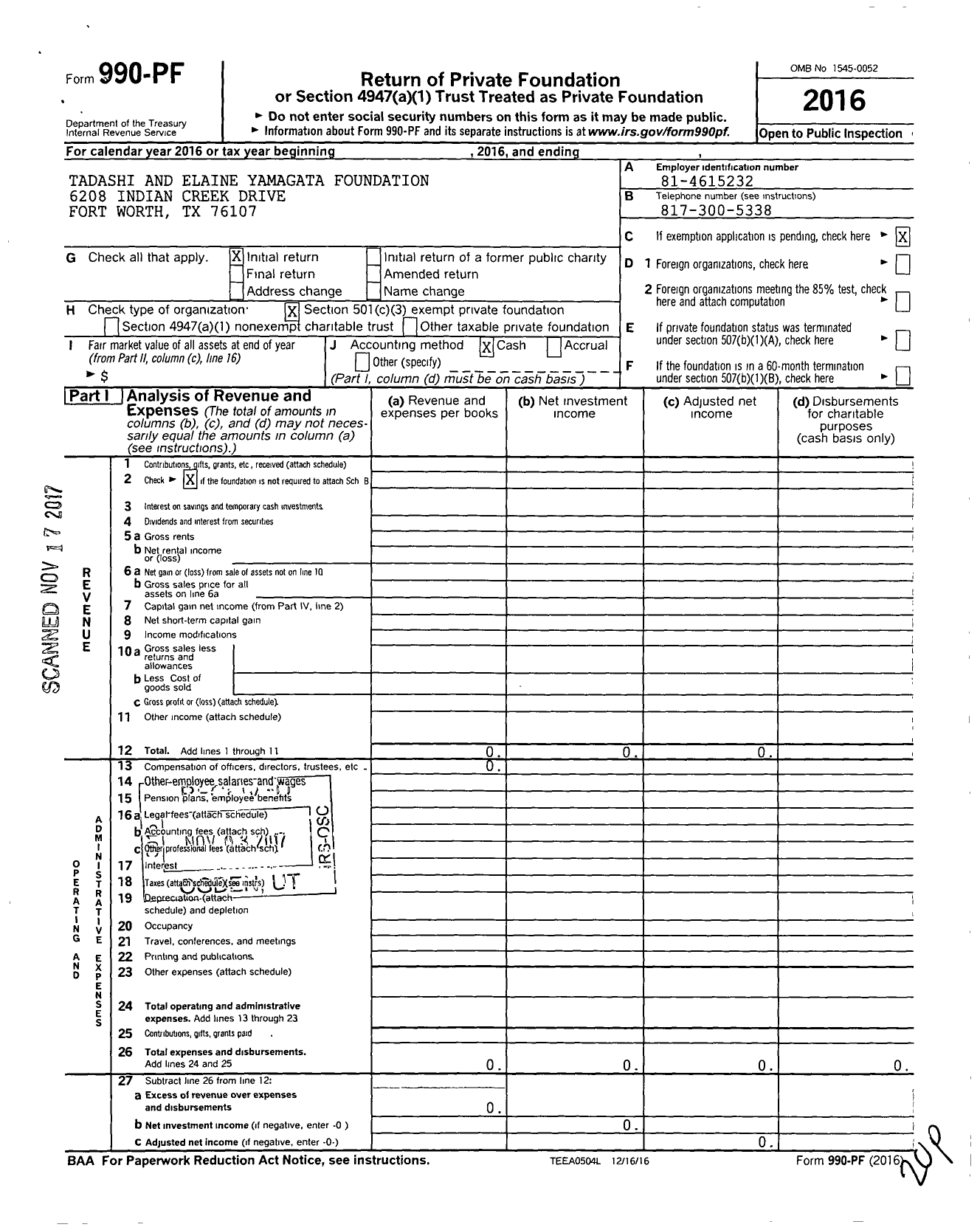 Image of first page of 2016 Form 990PF for Tadashi and Elaine Yamagata Foundation