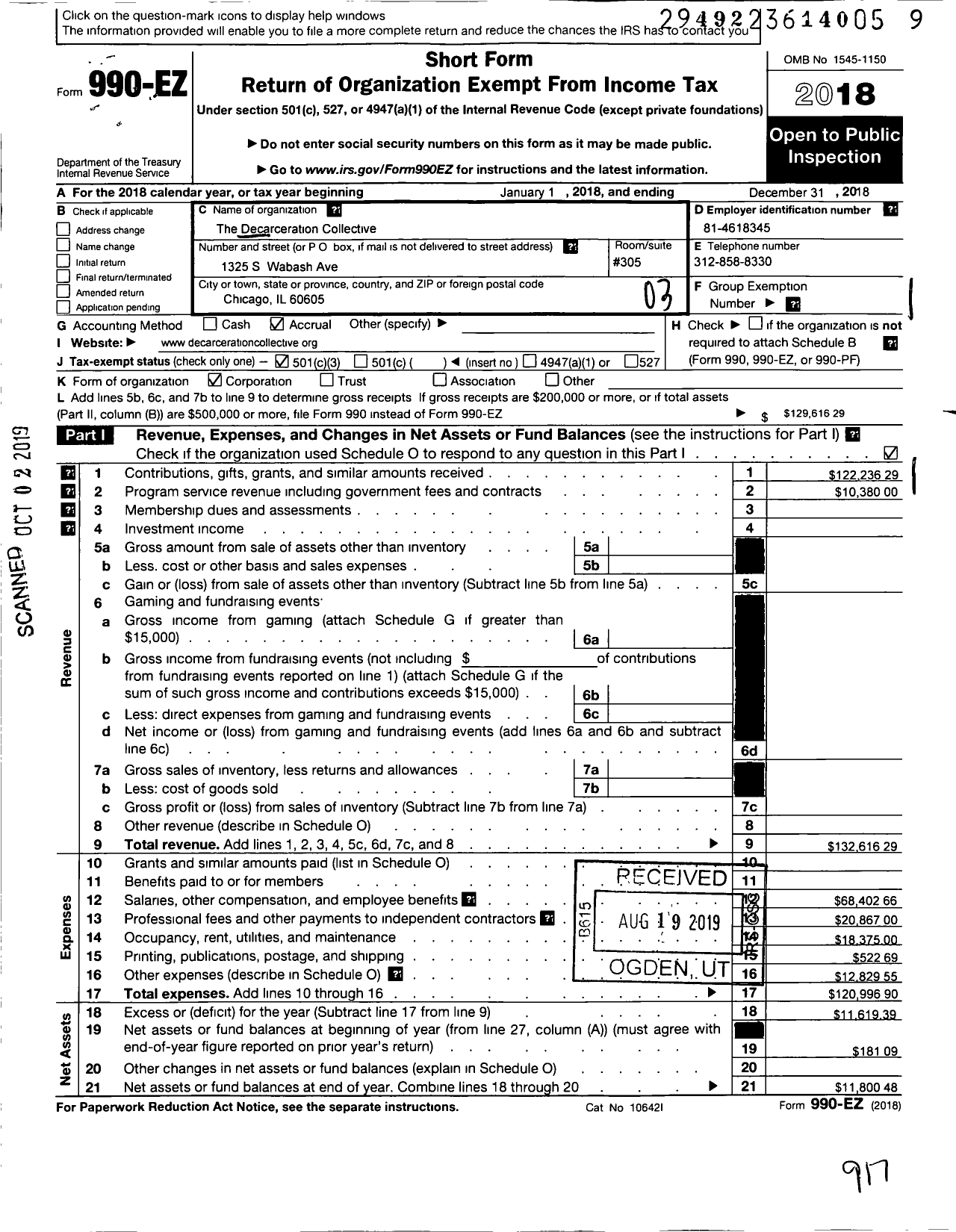 Image of first page of 2018 Form 990EZ for The Decarceration Collective