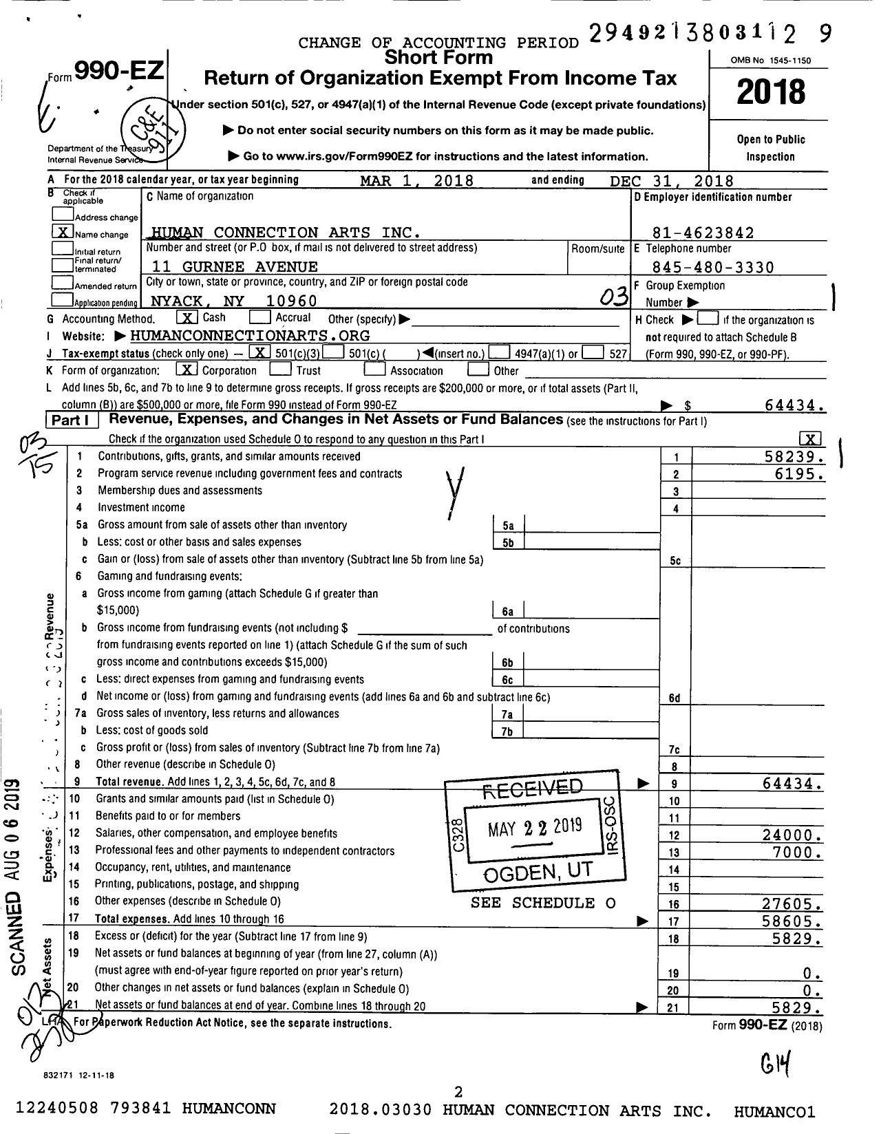 Image of first page of 2018 Form 990EZ for Human Connection Arts