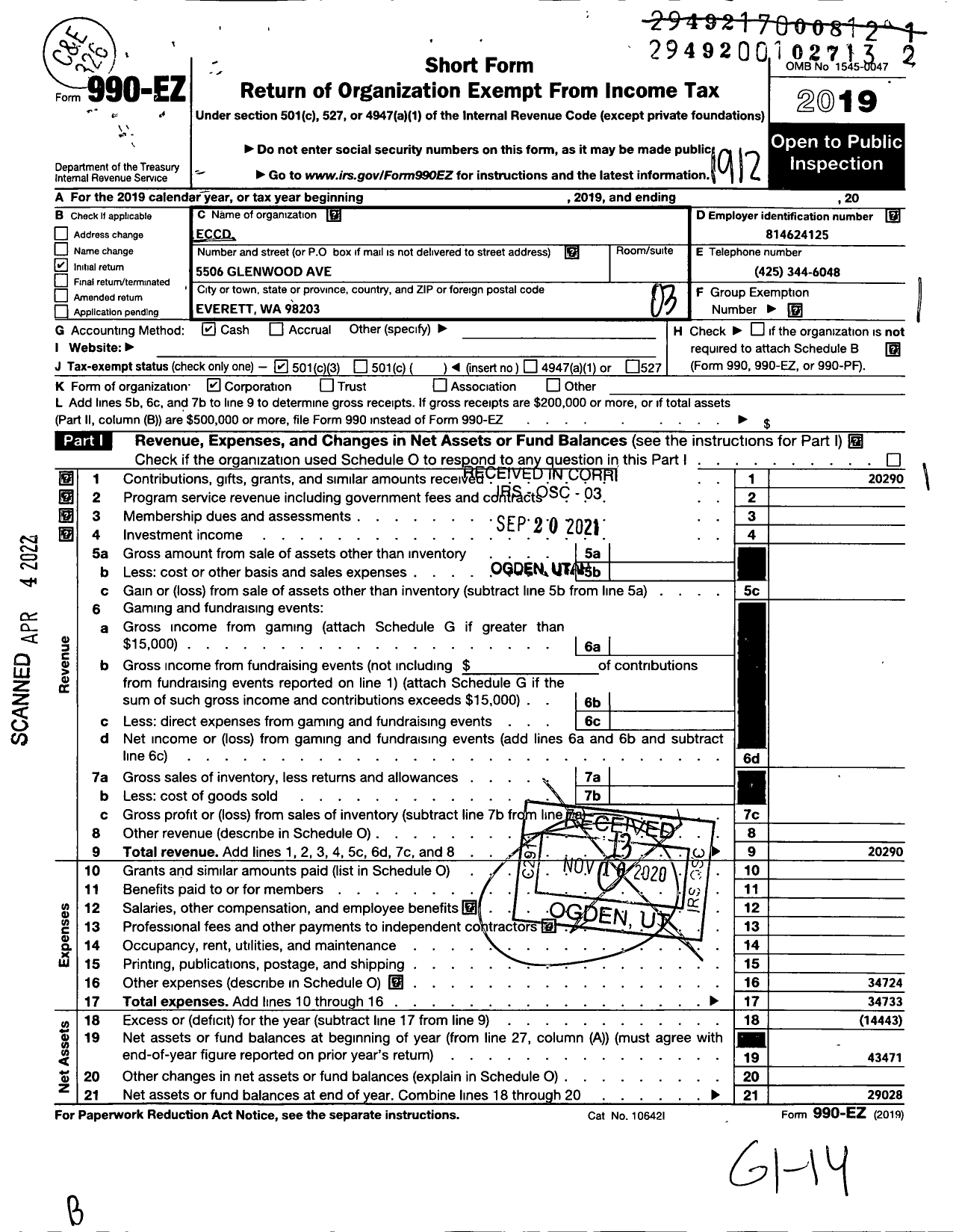 Image of first page of 2019 Form 990EZ for Eccd