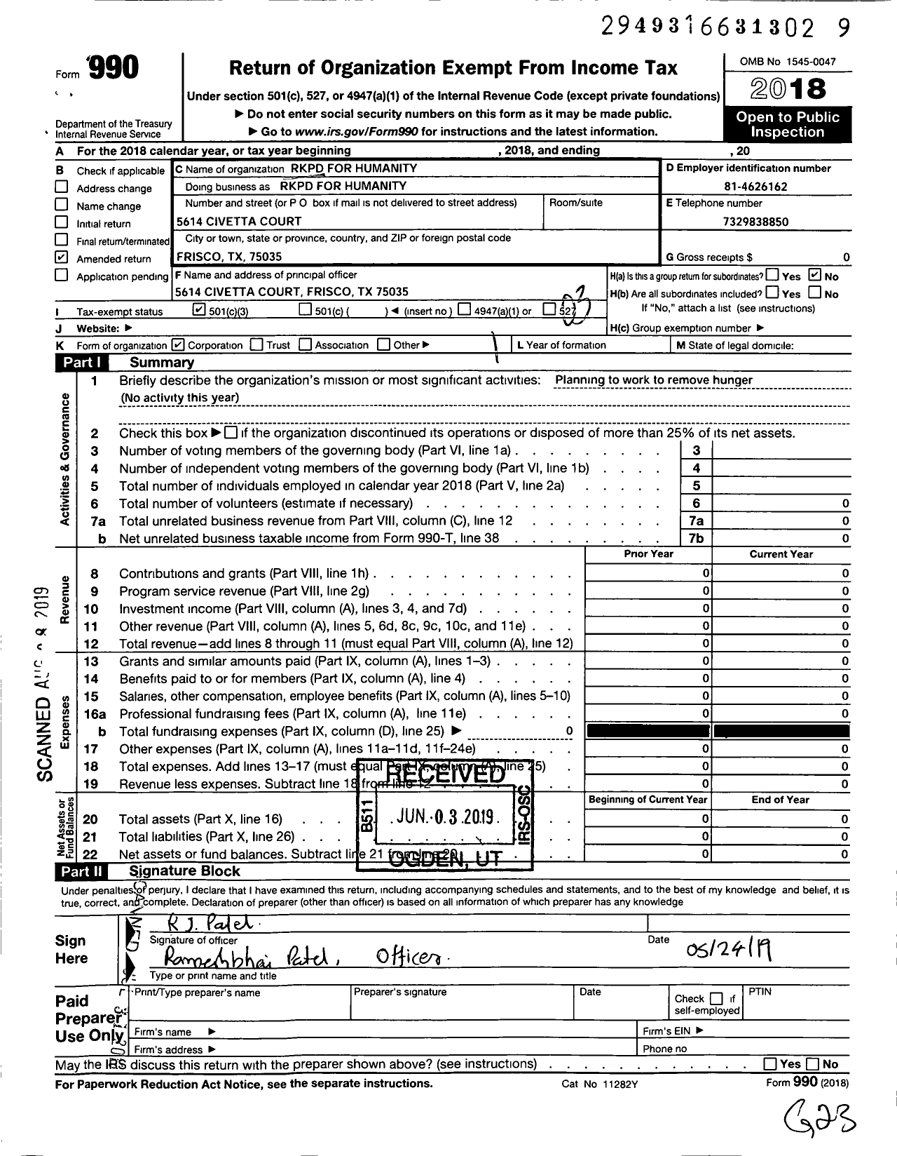 Image of first page of 2018 Form 990 for RKPD for Humanity