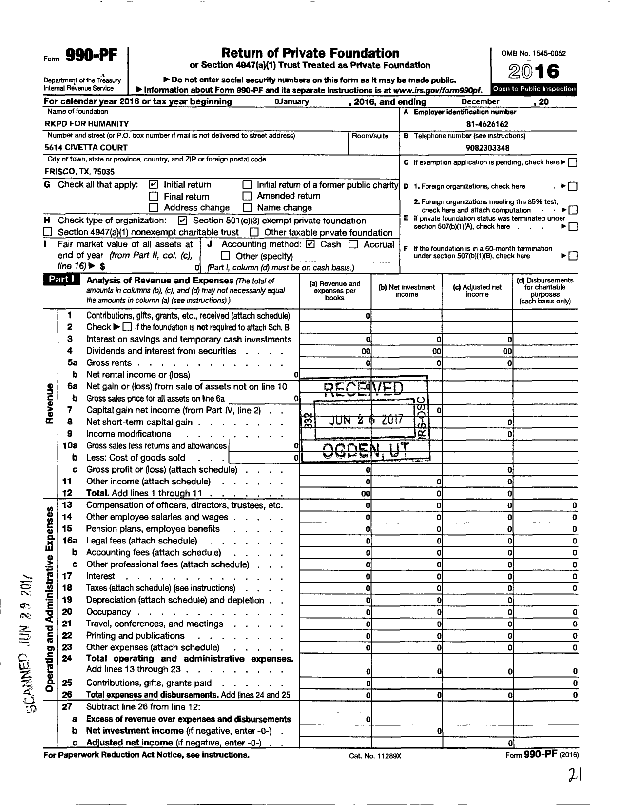 Image of first page of 2016 Form 990PF for RKPD for Humanity