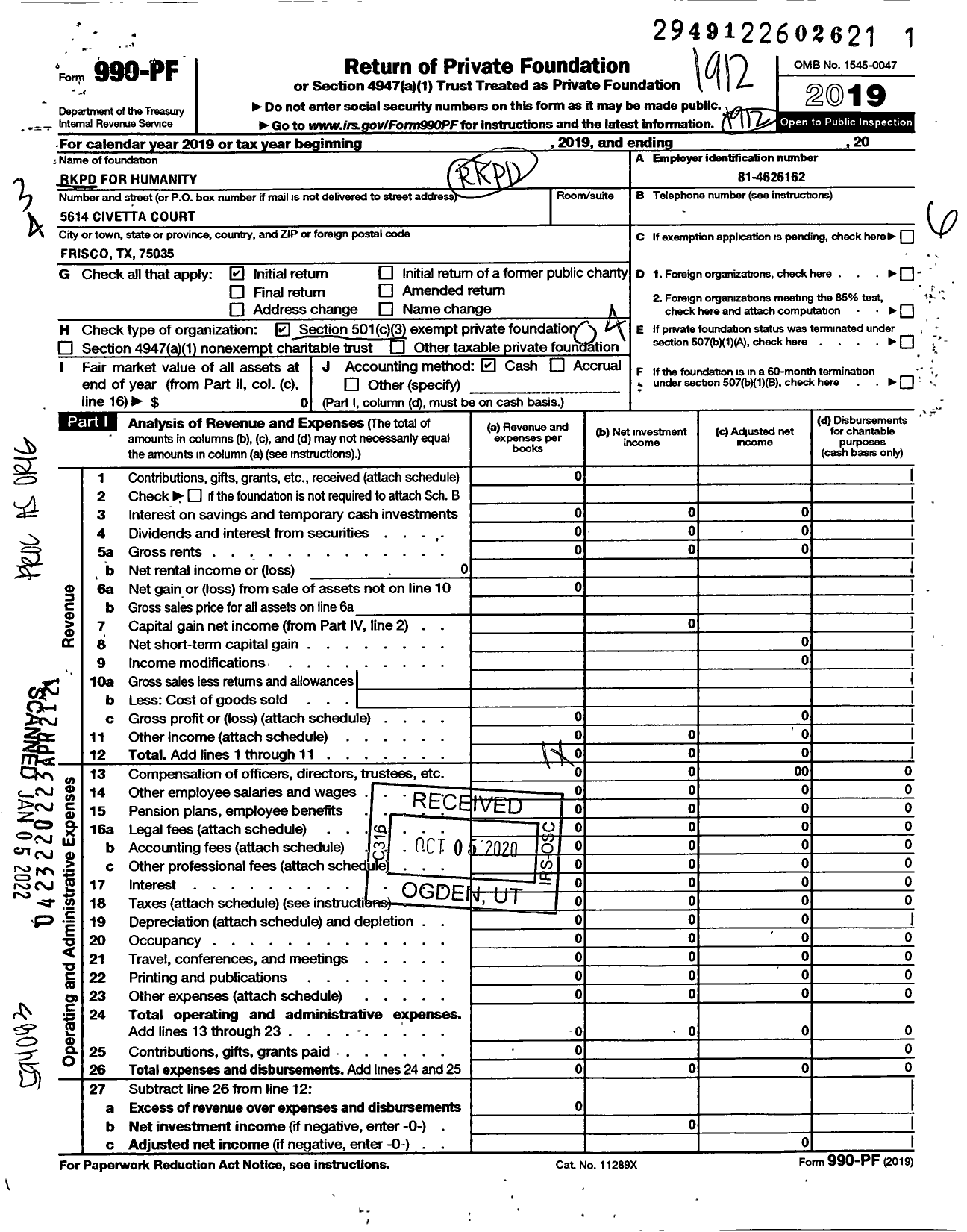 Image of first page of 2019 Form 990PF for RKPD for Humanity