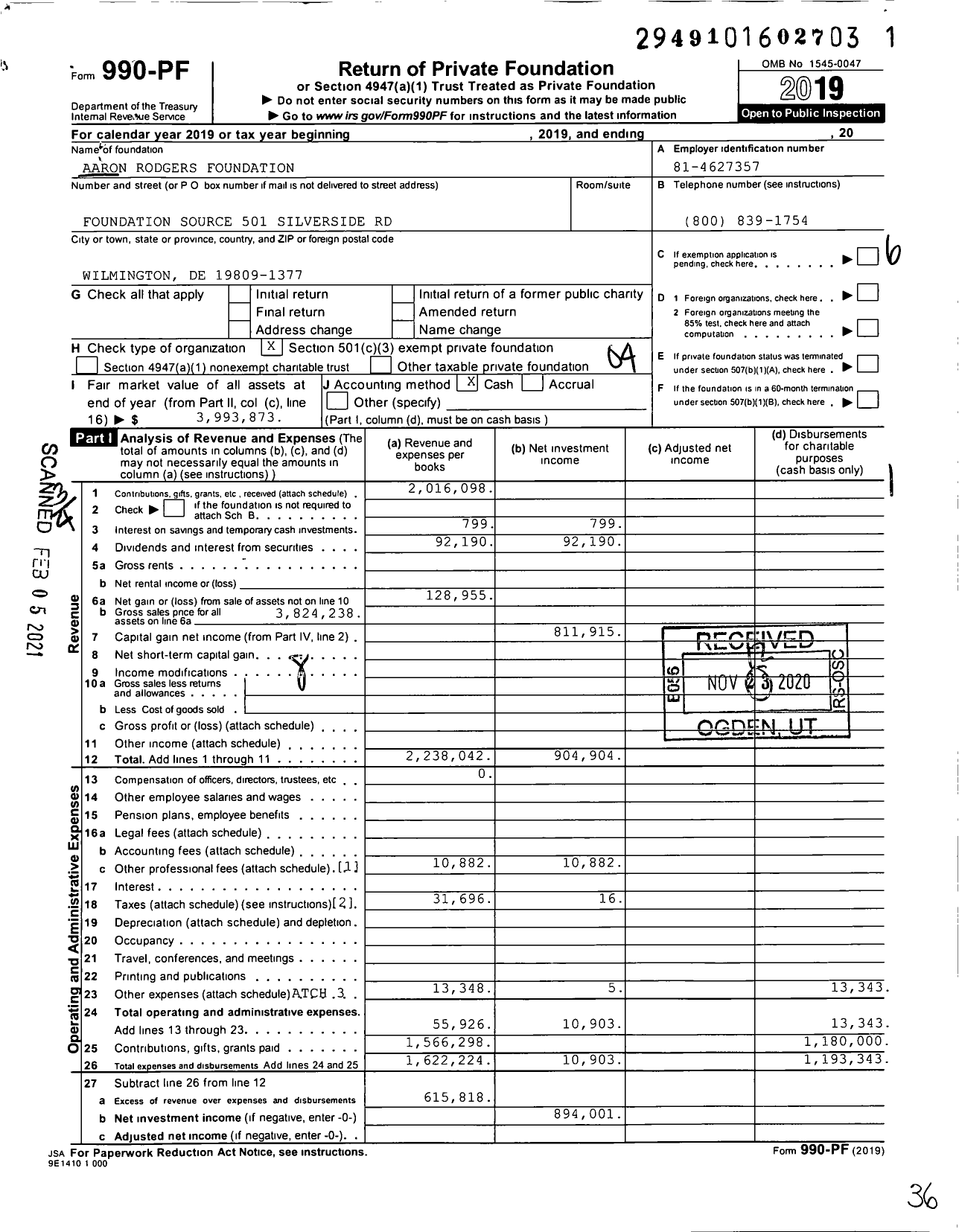 Image of first page of 2019 Form 990PF for Aaron Rodgers Foundation