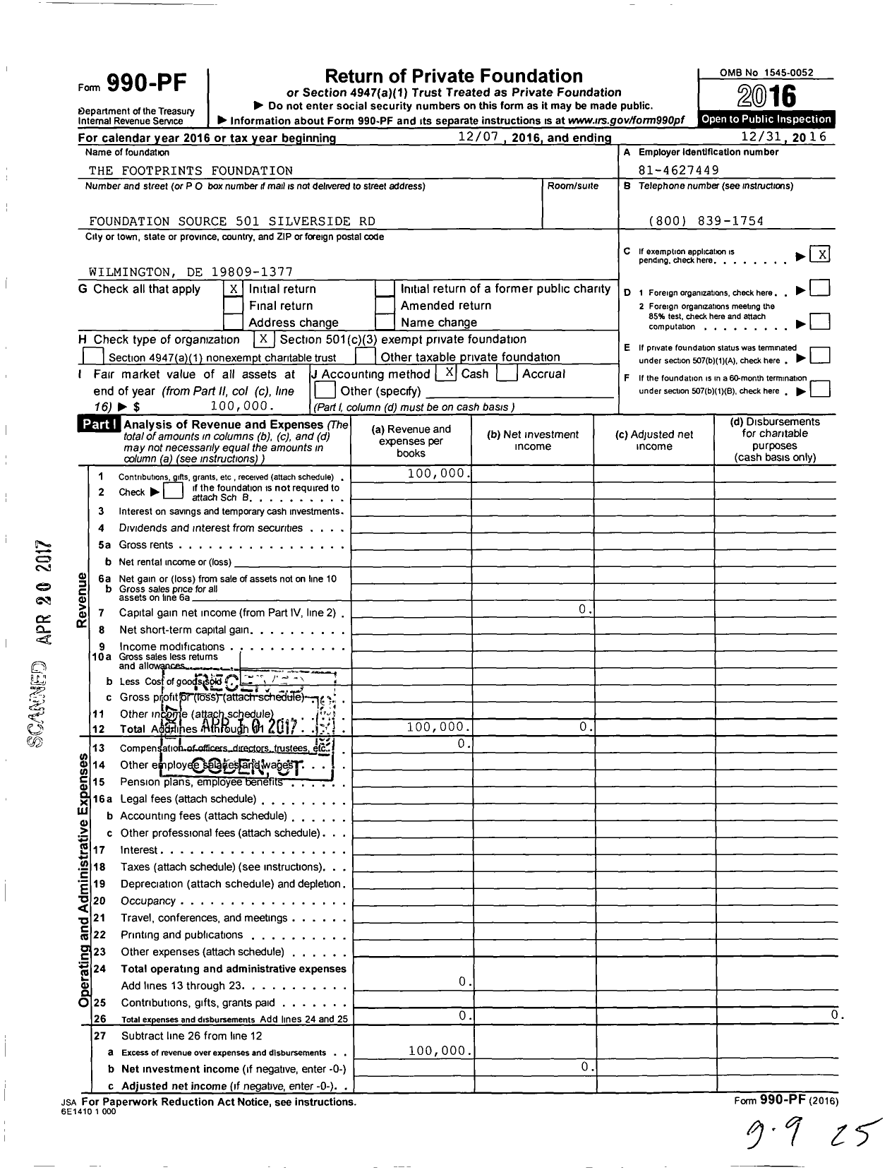 Image of first page of 2016 Form 990PF for The Footprints Foundation