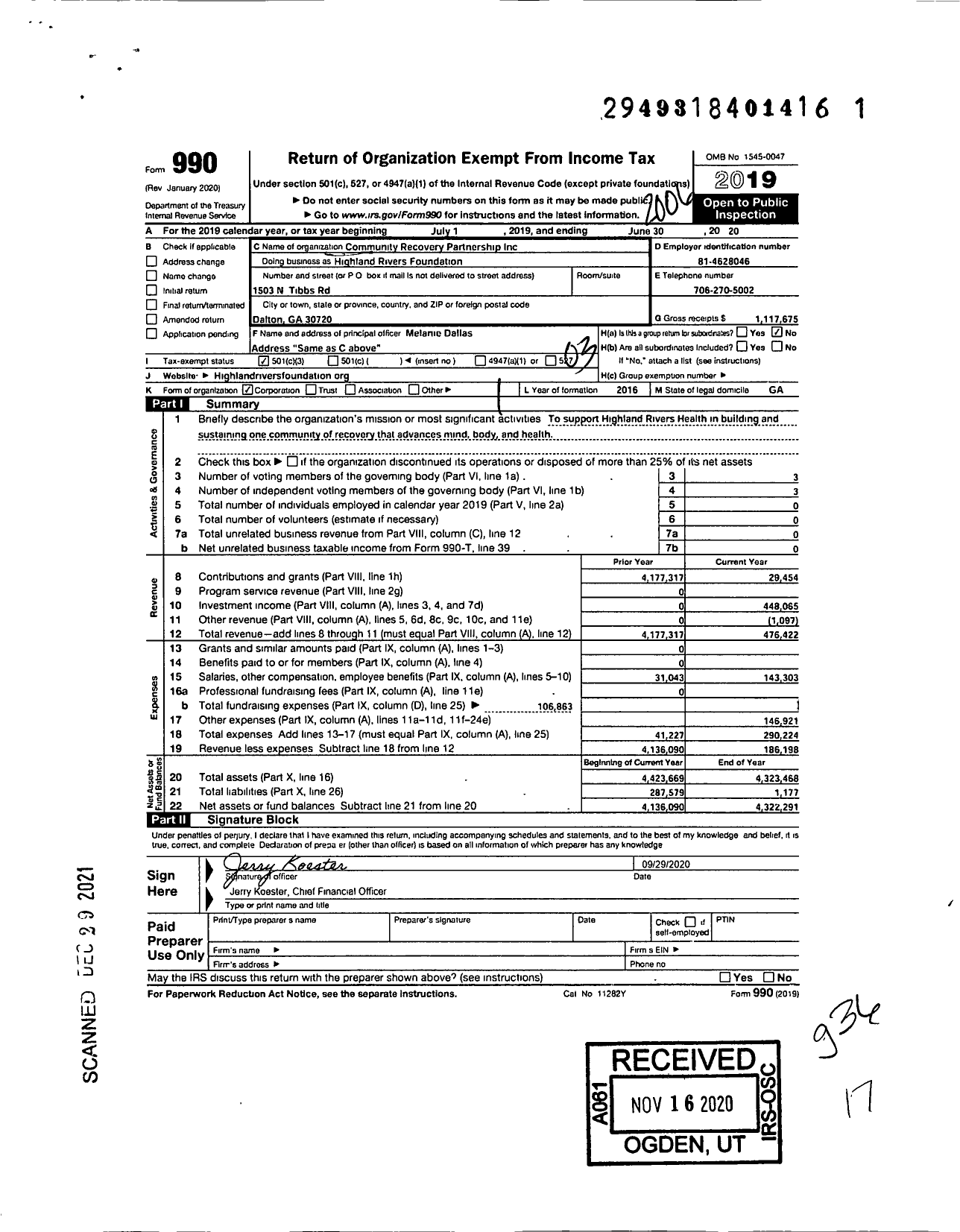 Image of first page of 2019 Form 990 for Highland Rivers Foundation