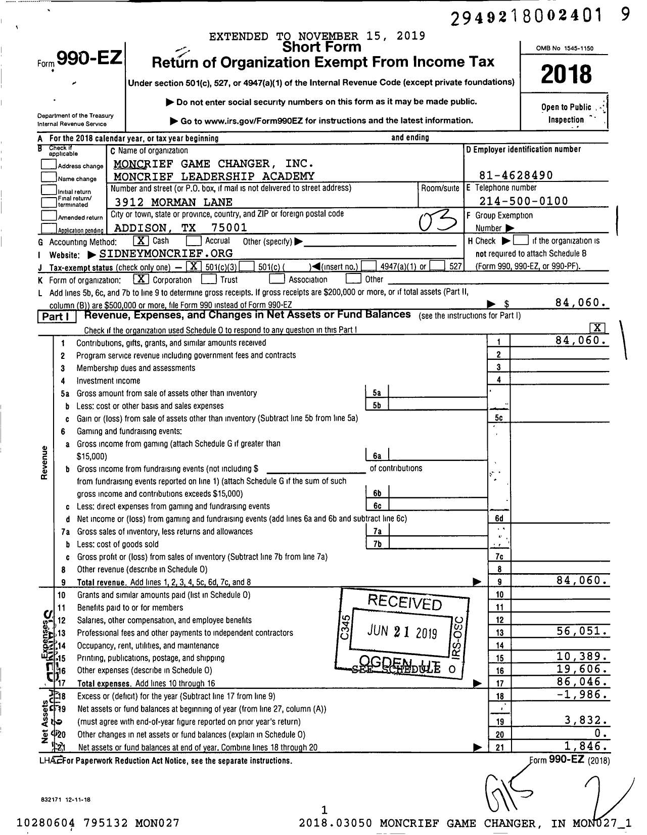 Image of first page of 2018 Form 990EZ for Moncrief Game Changer Moncrief Leadership Academy