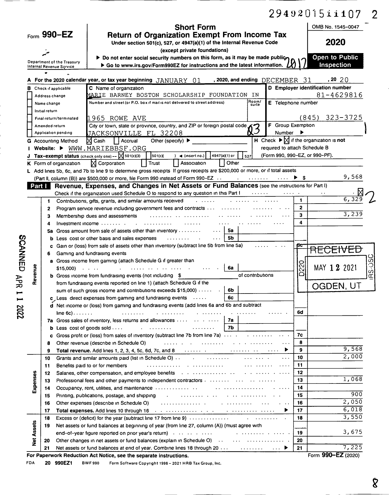 Image of first page of 2020 Form 990EZ for Marie Barney Boston Scholarship Foundation