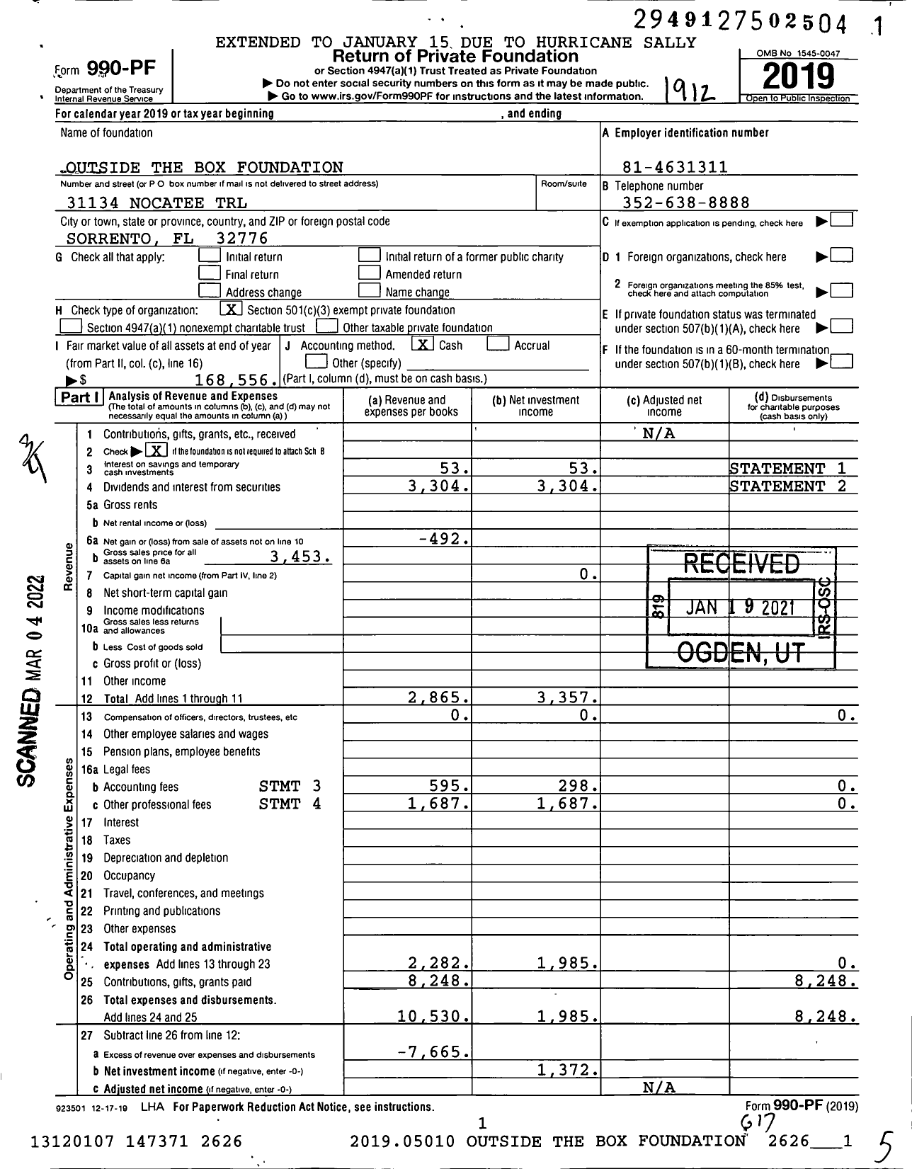 Image of first page of 2019 Form 990PF for Outside the Box Foundation