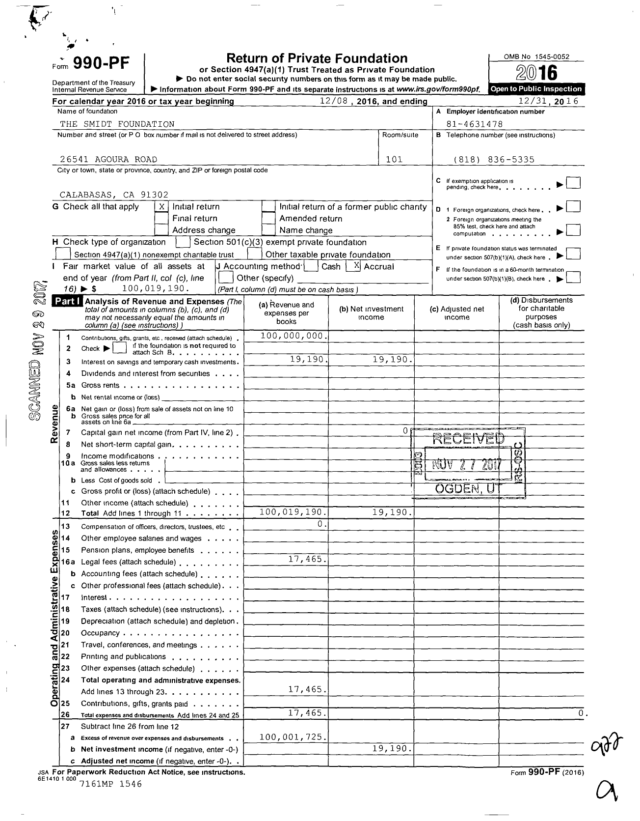 Image of first page of 2016 Form 990PF for The Smidt Foundation