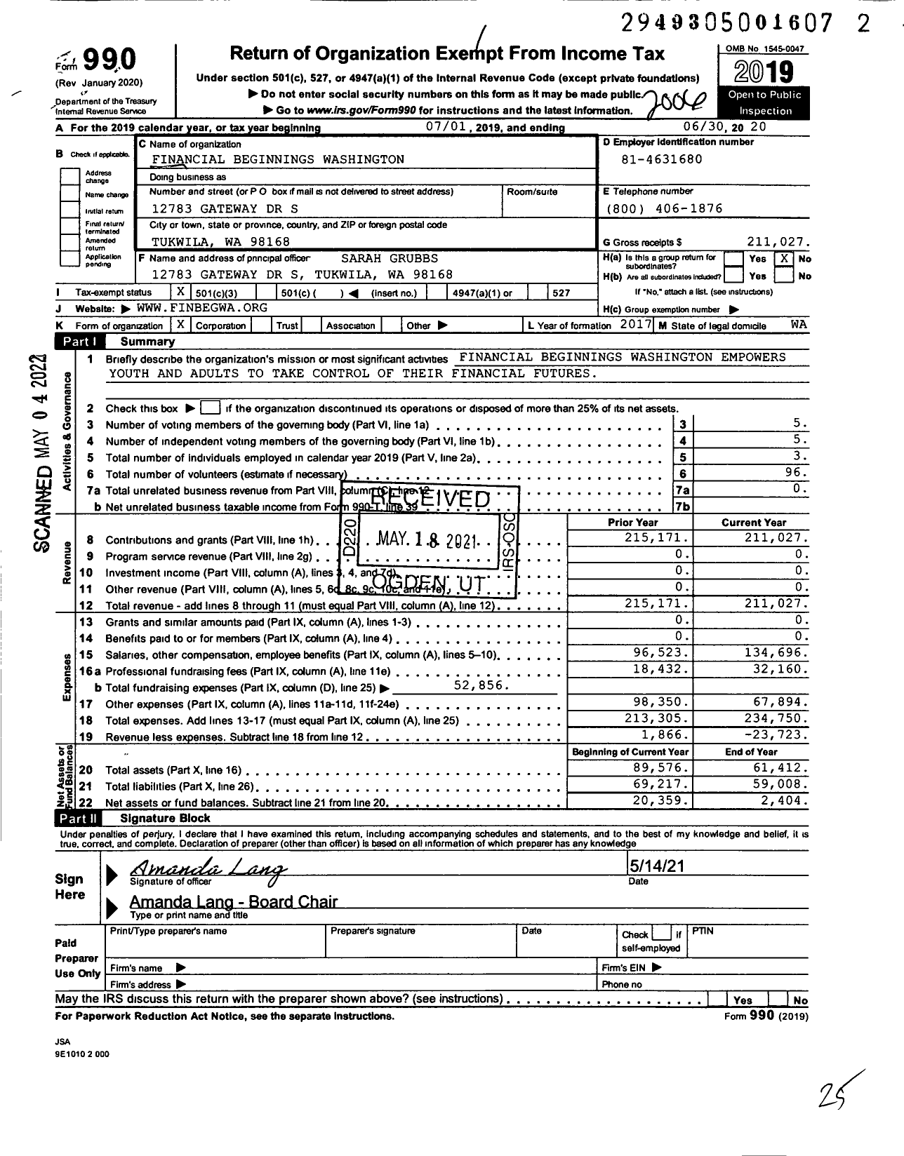 Image of first page of 2019 Form 990 for Financial Beginnings Washington