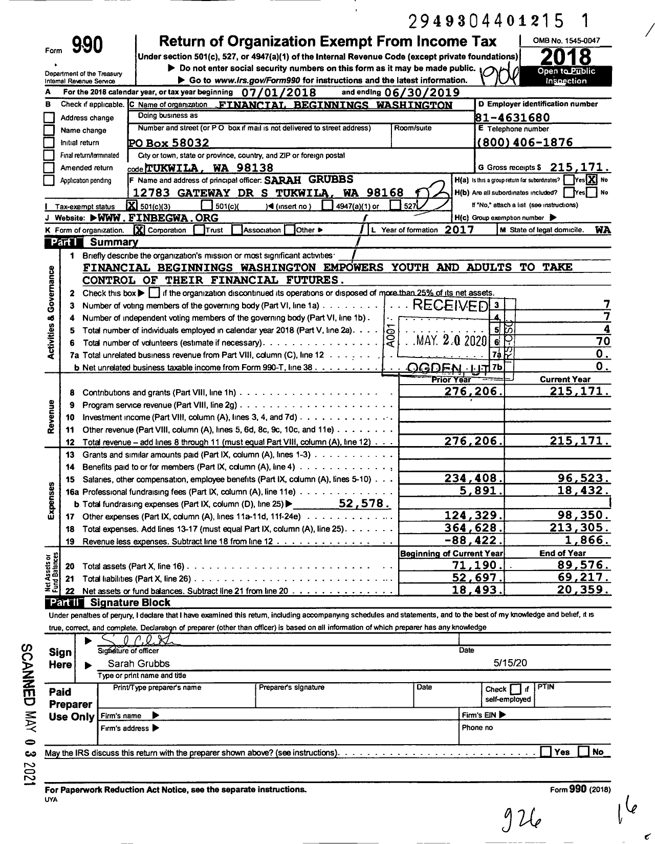 Image of first page of 2018 Form 990 for Financial Beginnings Washington