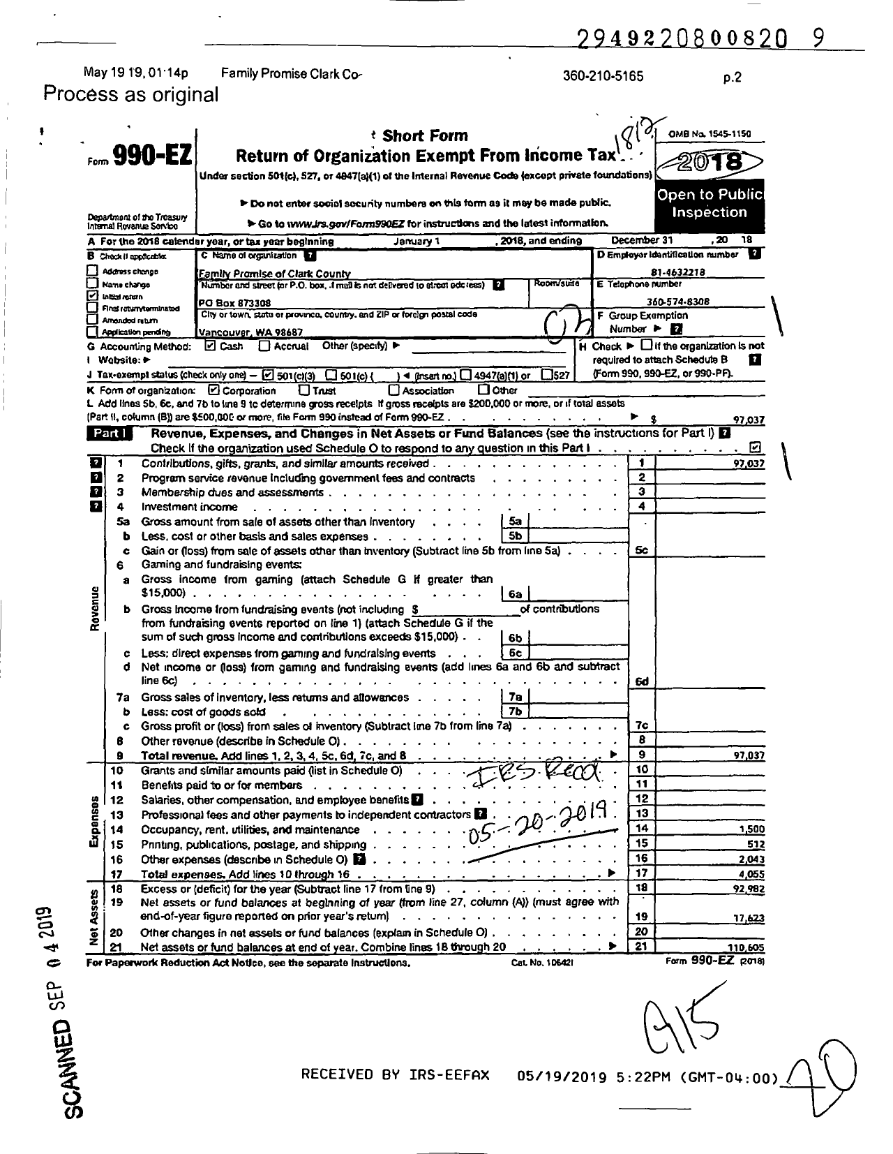 Image of first page of 2018 Form 990EZ for Family Promise of Clark County