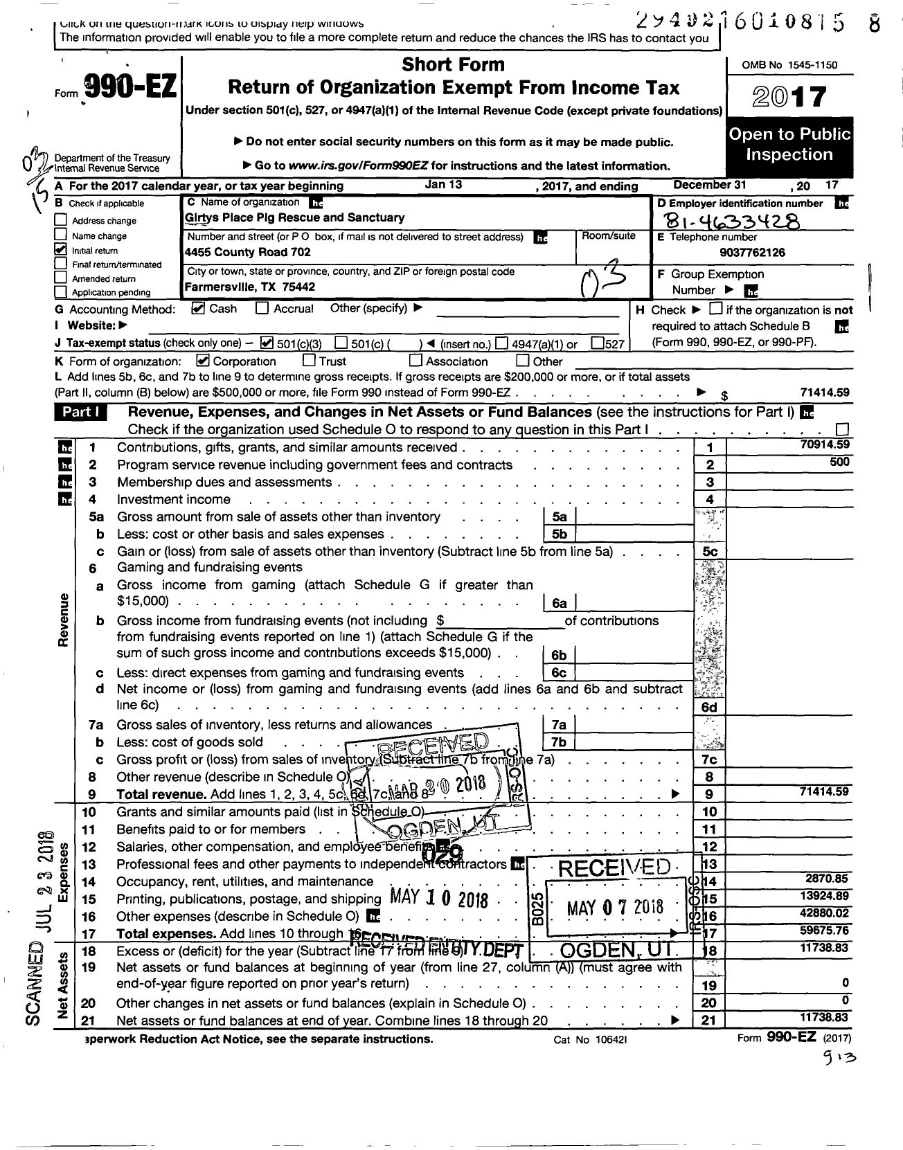 Image of first page of 2017 Form 990EZ for Shutter Down Ranch and Rescue