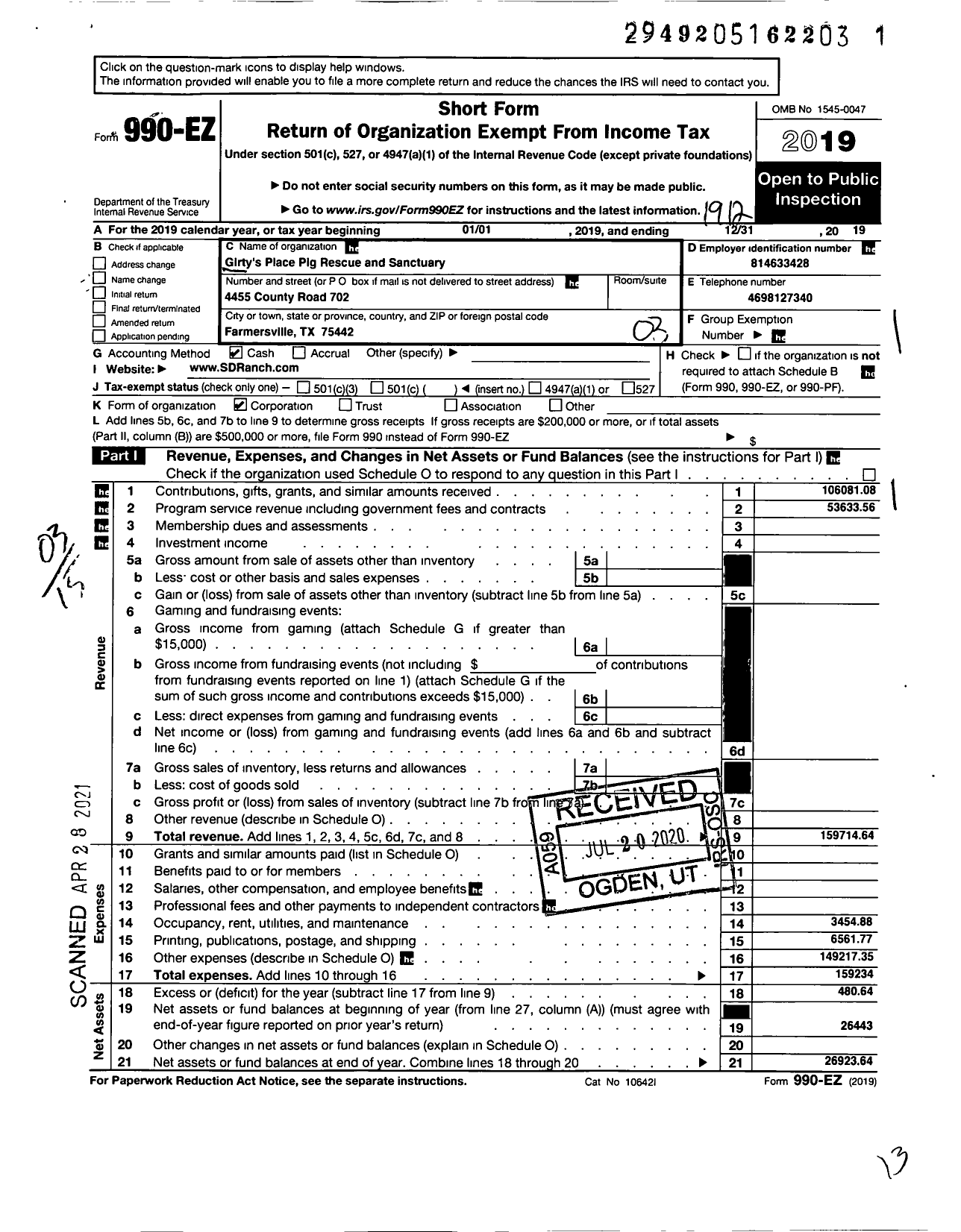 Image of first page of 2019 Form 990EZ for Shutter Down Ranch and Rescue