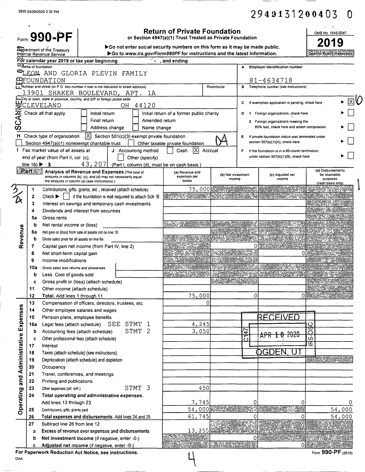 Image of first page of 2019 Form 990PF for Leon and Gloria Plevin Family Foundation