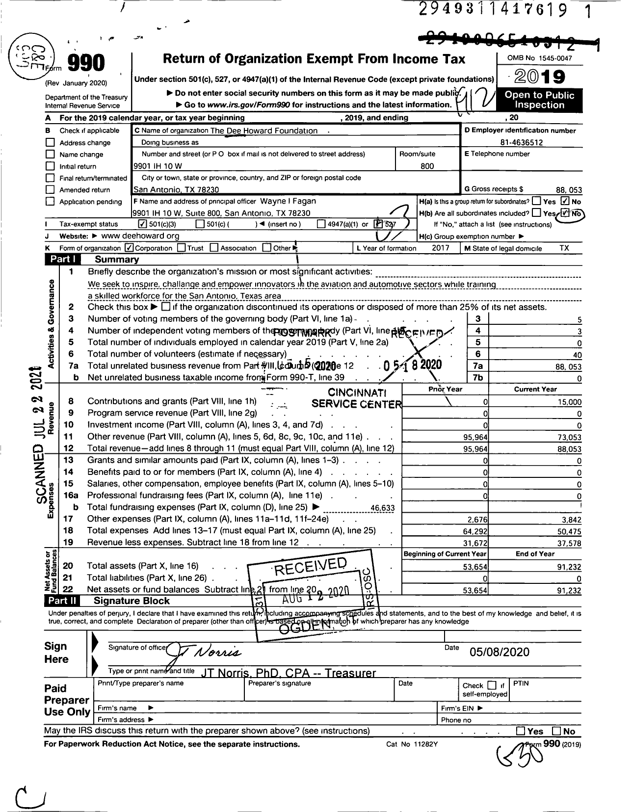 Image of first page of 2019 Form 990 for The Dee Howard Foundation