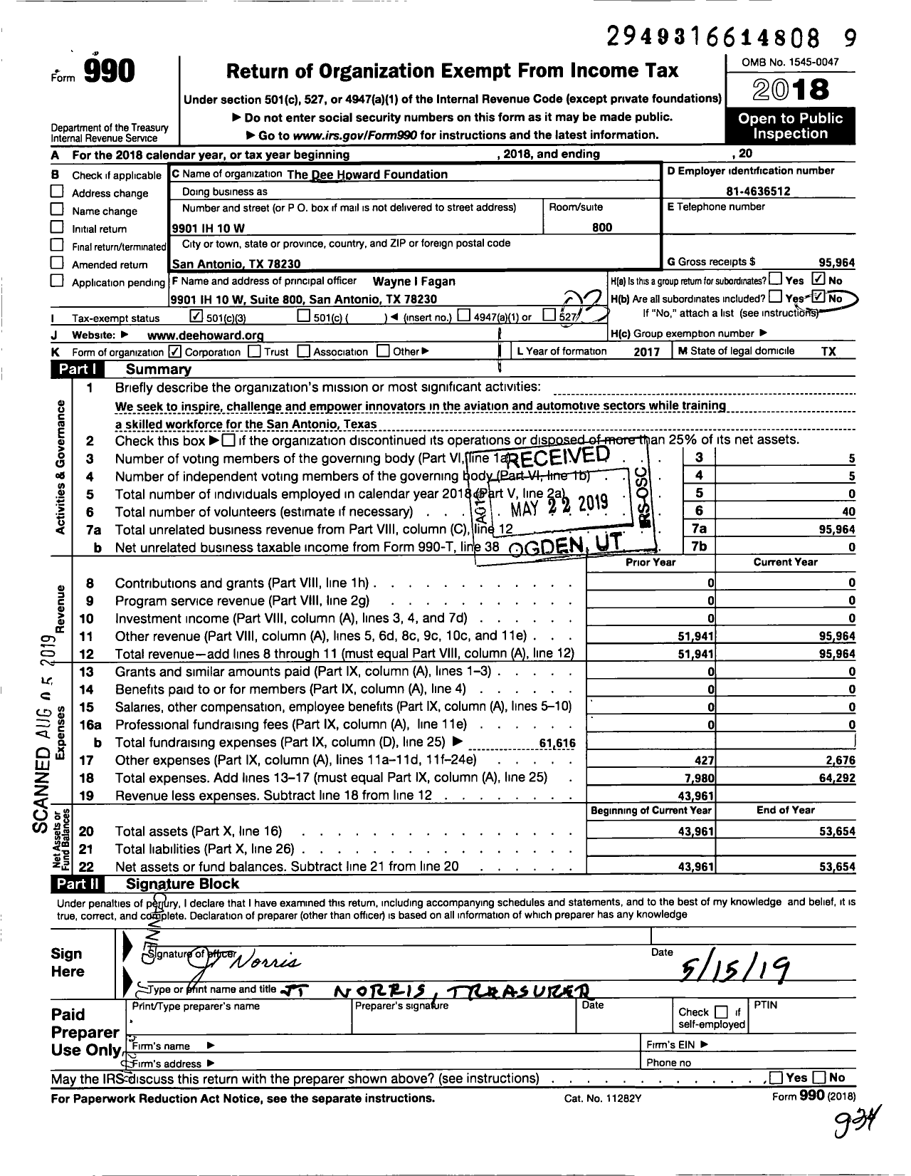 Image of first page of 2018 Form 990 for The Dee Howard Foundation