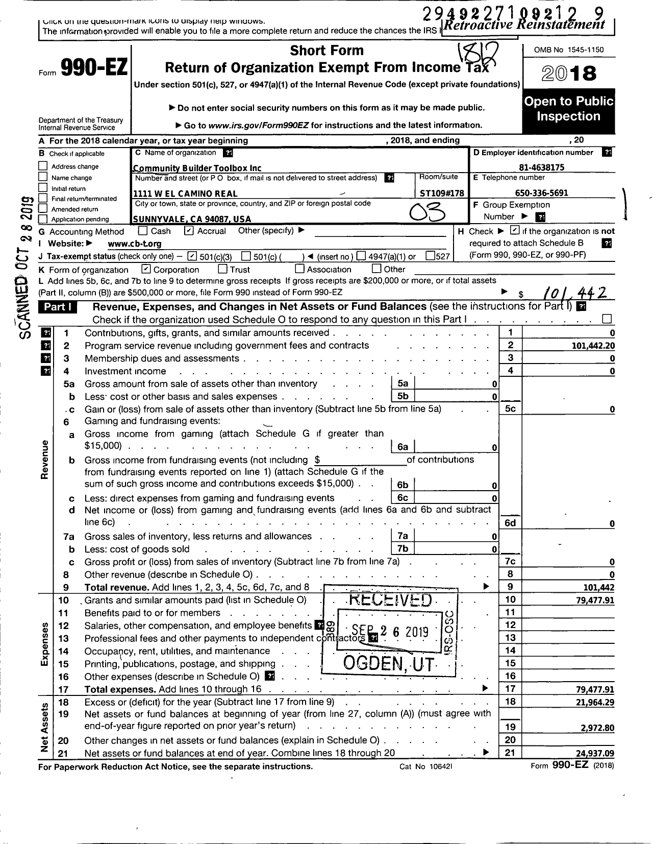 Image of first page of 2018 Form 990EZ for Community Builder Toolbox