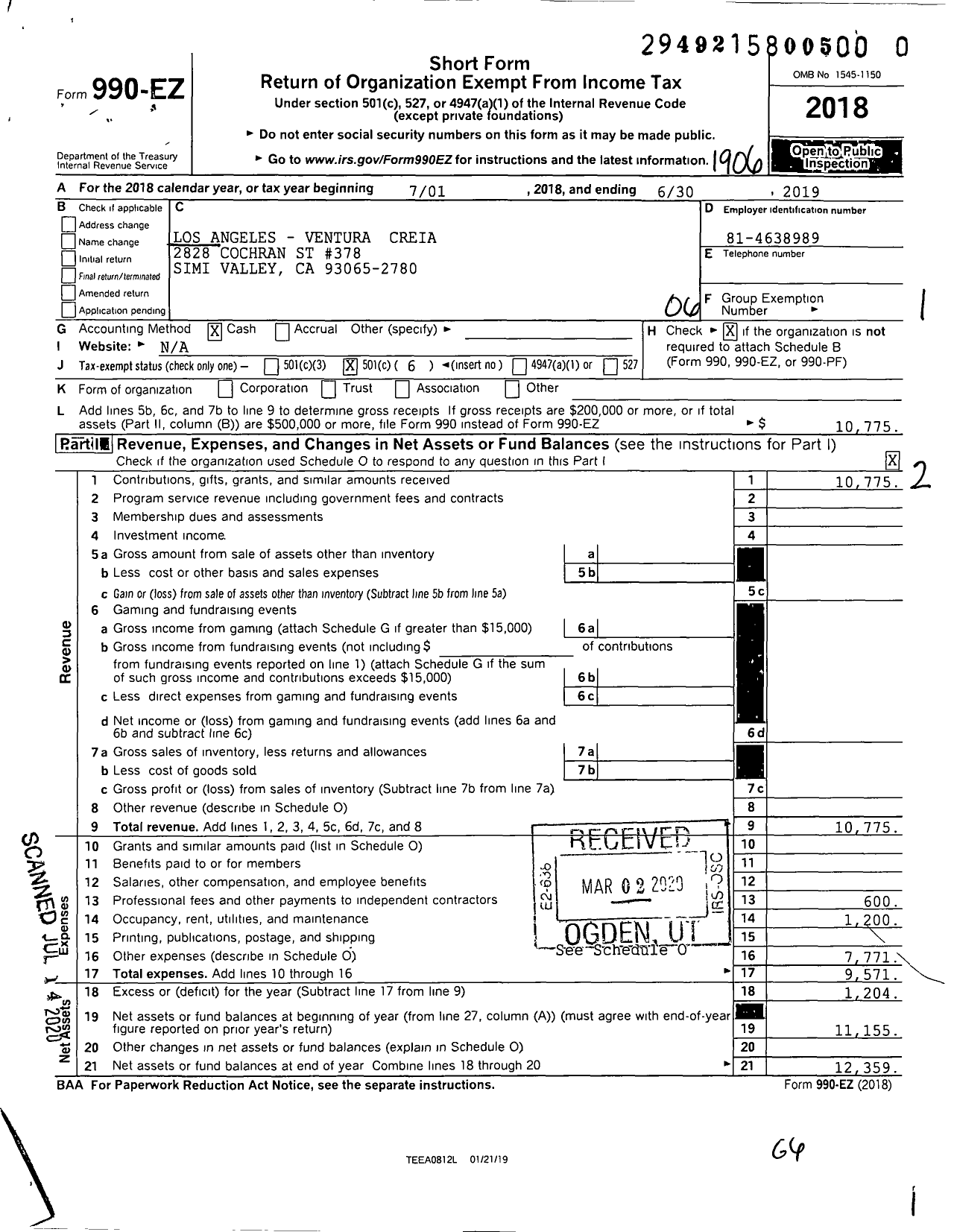 Image of first page of 2018 Form 990EO for Los Angeles - Ventura Creia