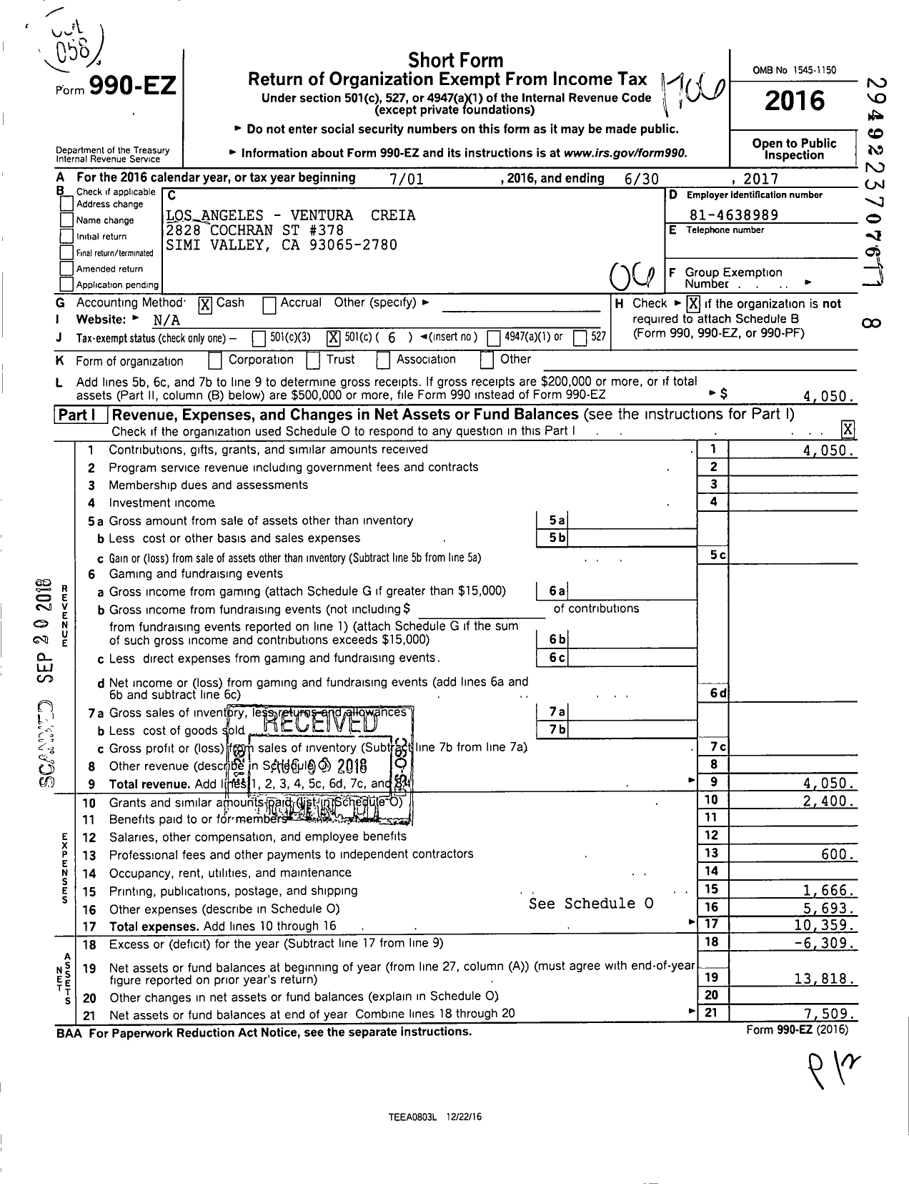 Image of first page of 2016 Form 990EO for Los Angeles - Ventura Creia