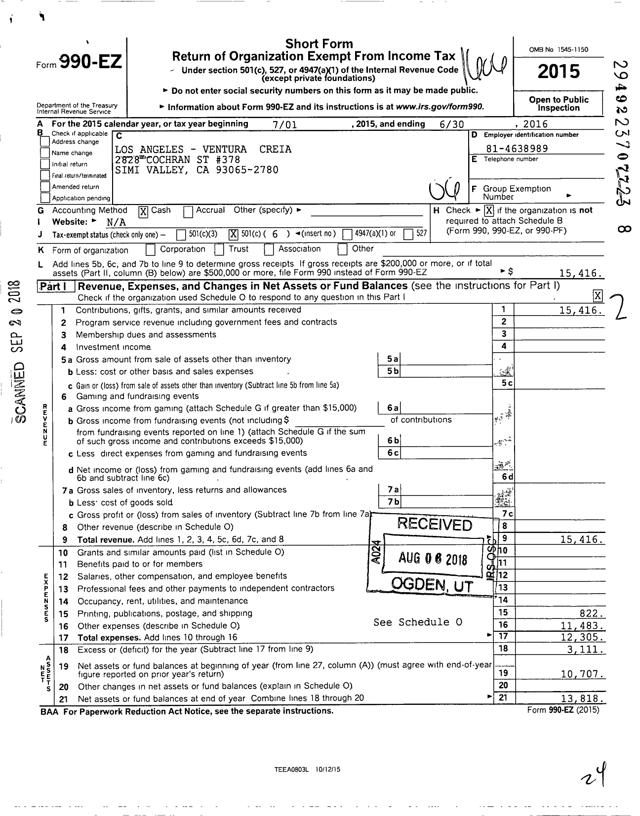 Image of first page of 2015 Form 990EO for Los Angeles - Ventura Creia