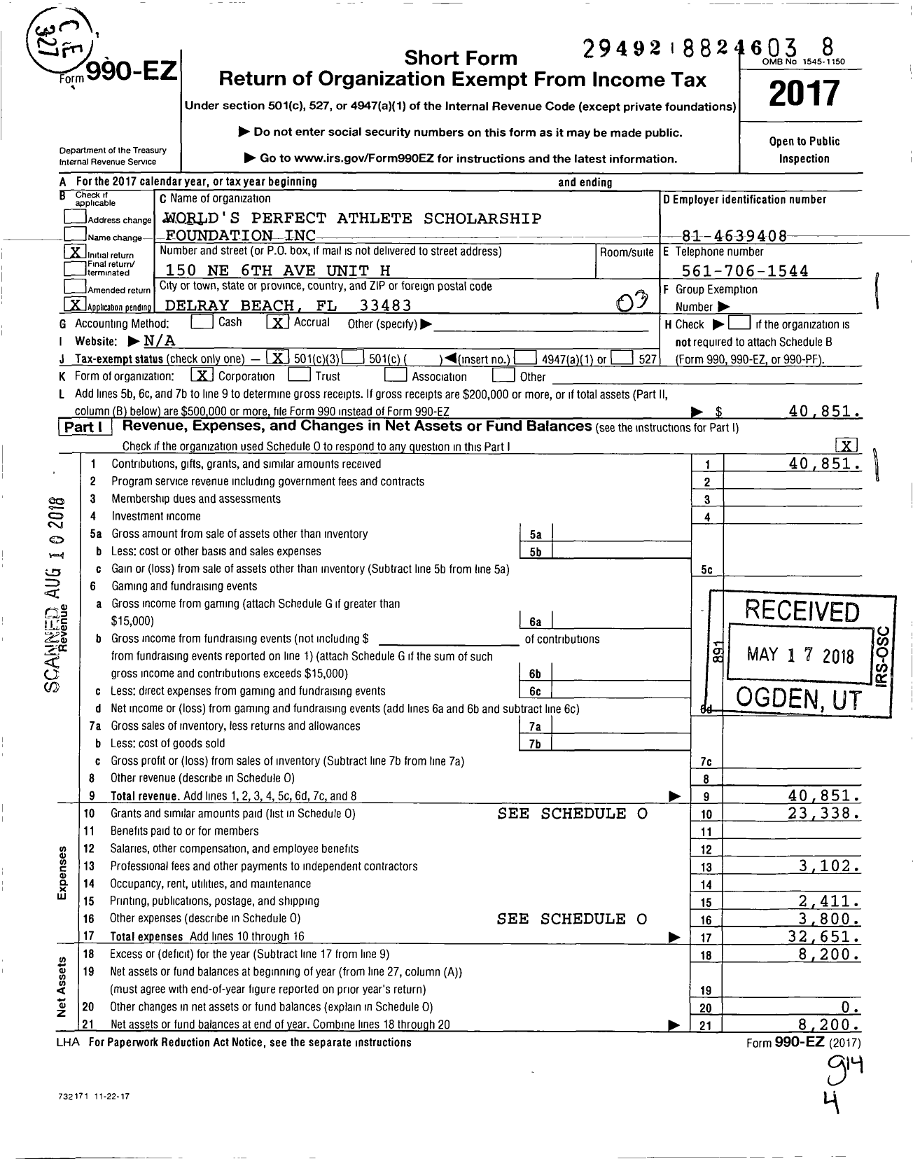 Image of first page of 2017 Form 990EZ for World's S Perfect Athlete Scholarship Foundation