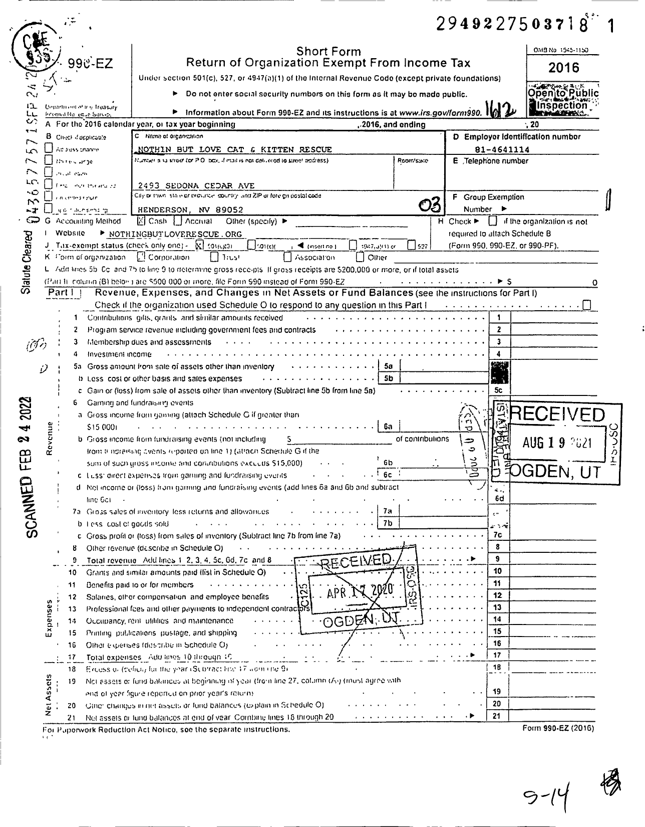 Image of first page of 2016 Form 990EZ for Nothin But Love Cat and Kitten