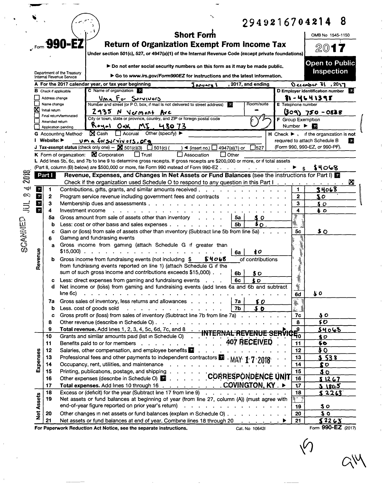 Image of first page of 2017 Form 990EZ for Vma for Survivors