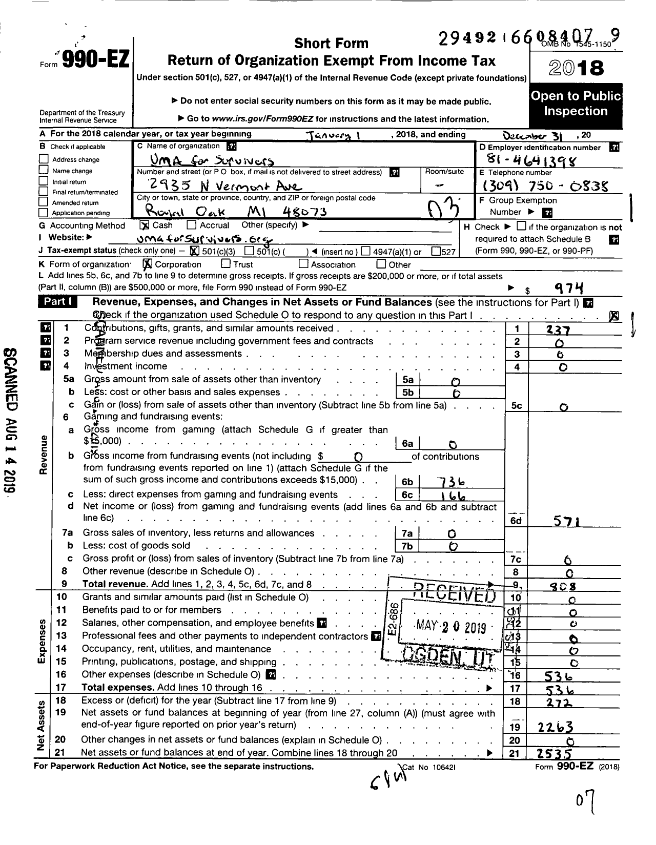 Image of first page of 2018 Form 990EZ for Vma for Survivors